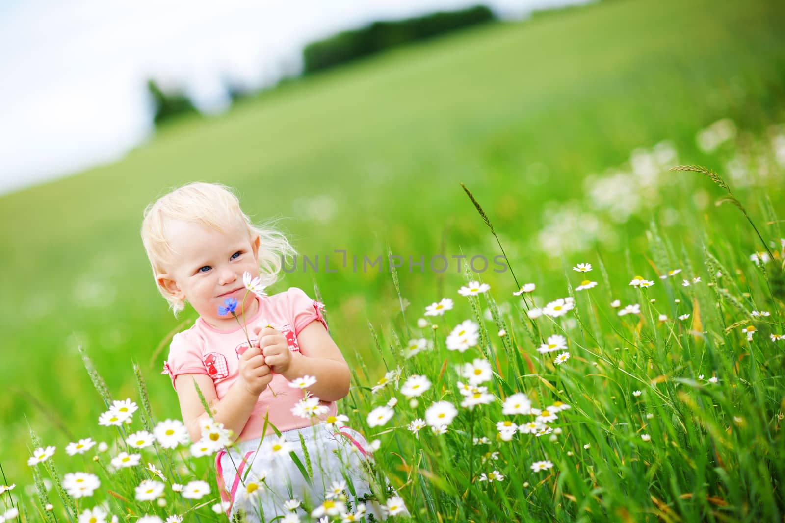 child in the field with flowers