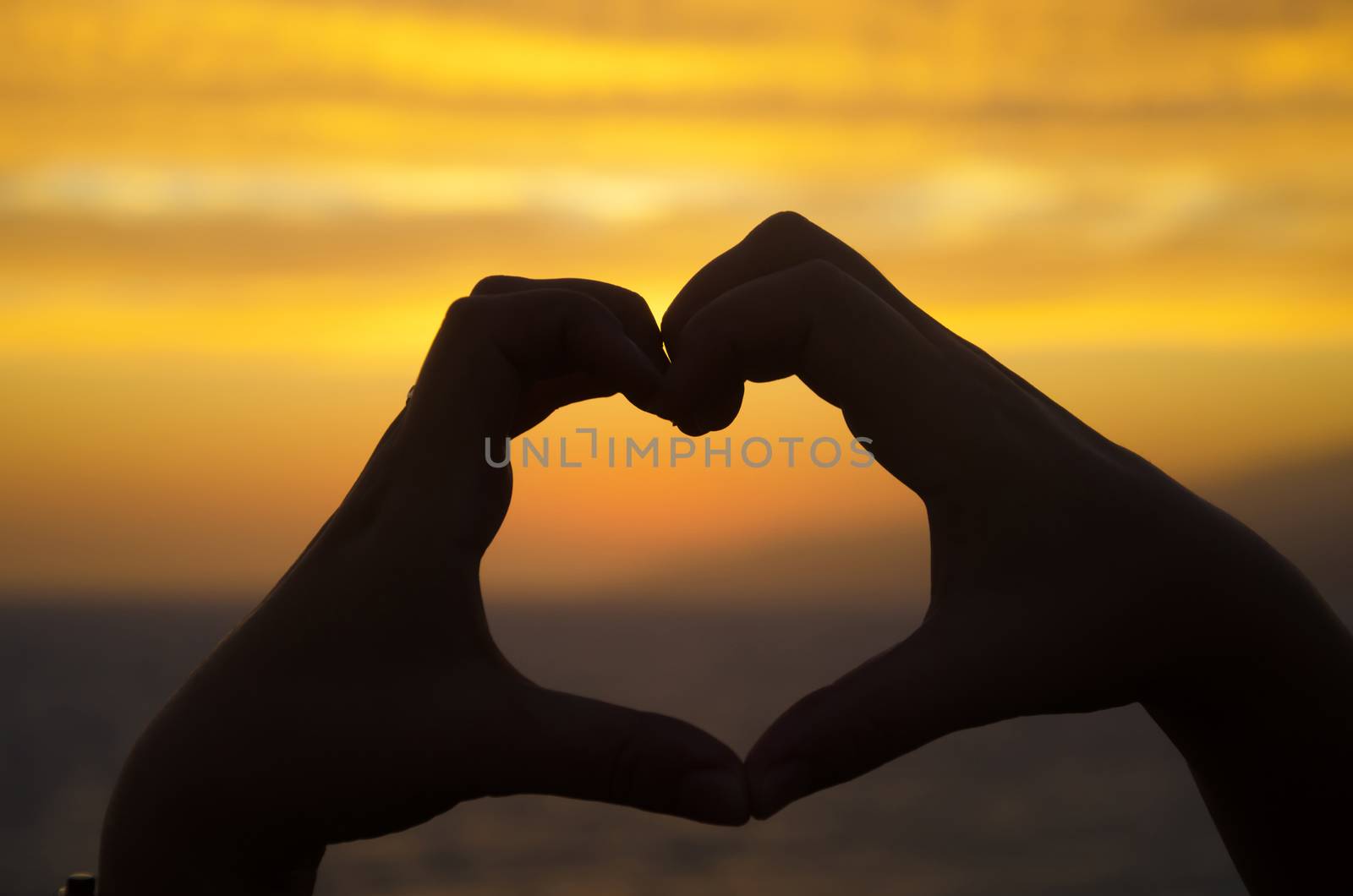 Silhouette of hand in heart shape on sunset by EllenSmile