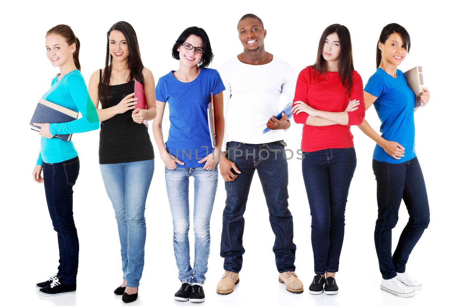 Large group of smiling friends staying together. Isolated on white background