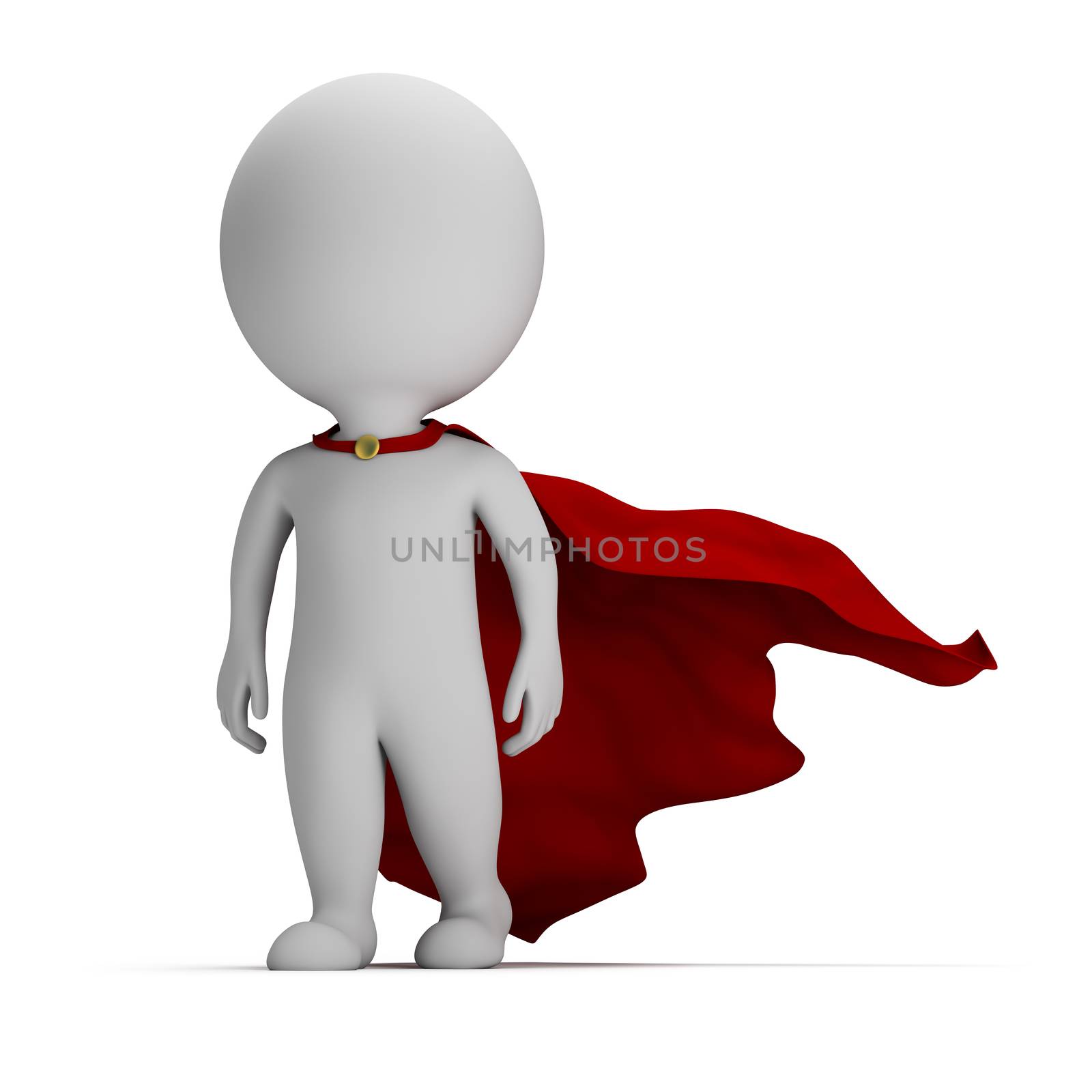 3d small person - brave superhero a cloak in the developing. 3d image. White background.