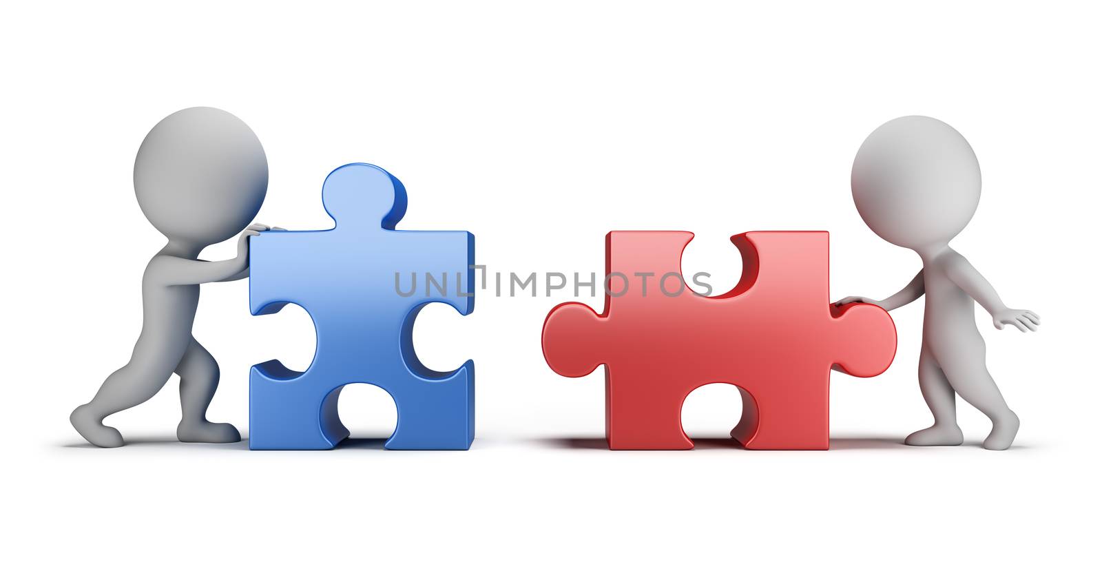 3d small people - male and female connecting puzzles. 3d image. White background.