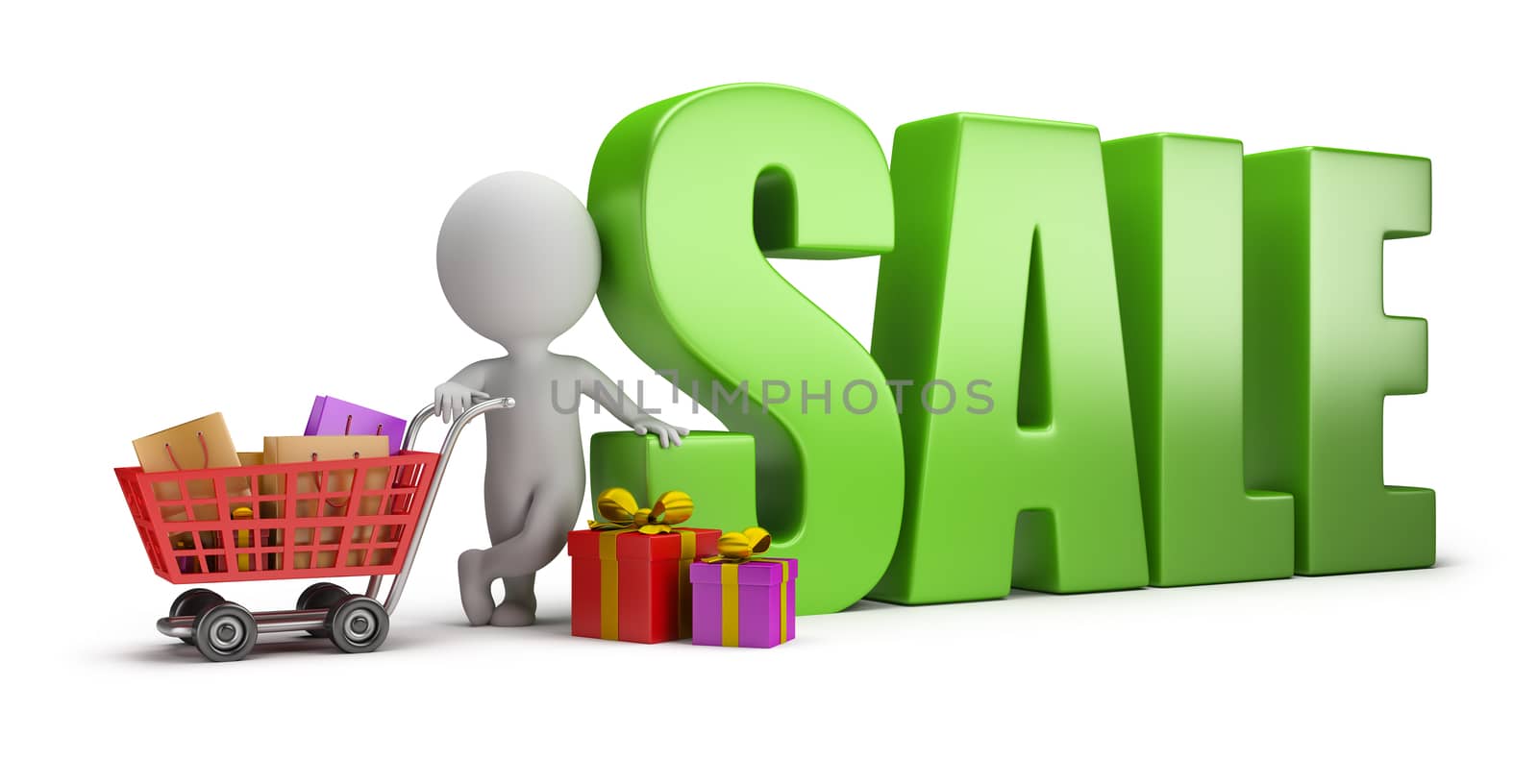 3d small person with a cart full of shopping next to sale. 3d image. White background.