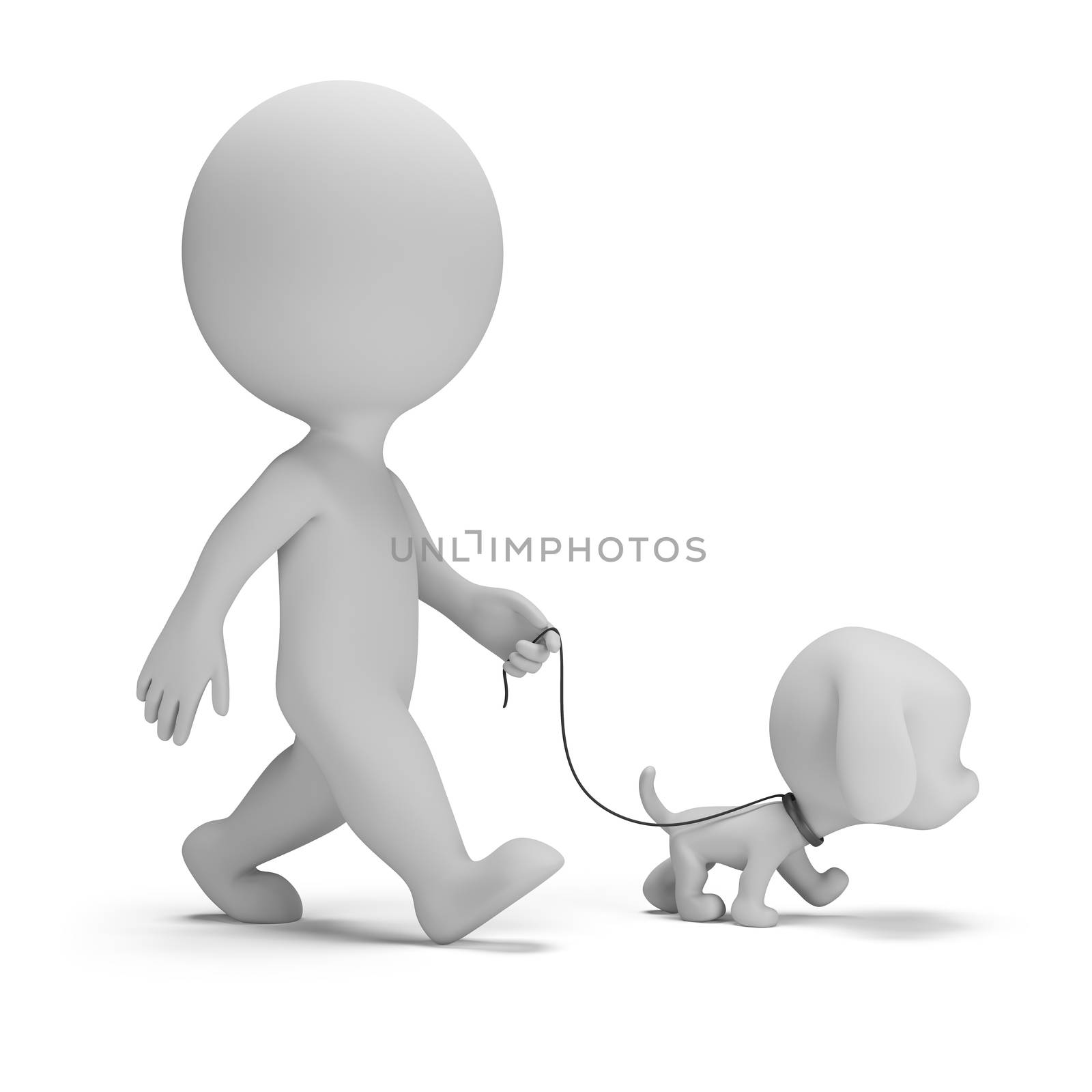 3d small man walking a little puppy. 3d image. White background.