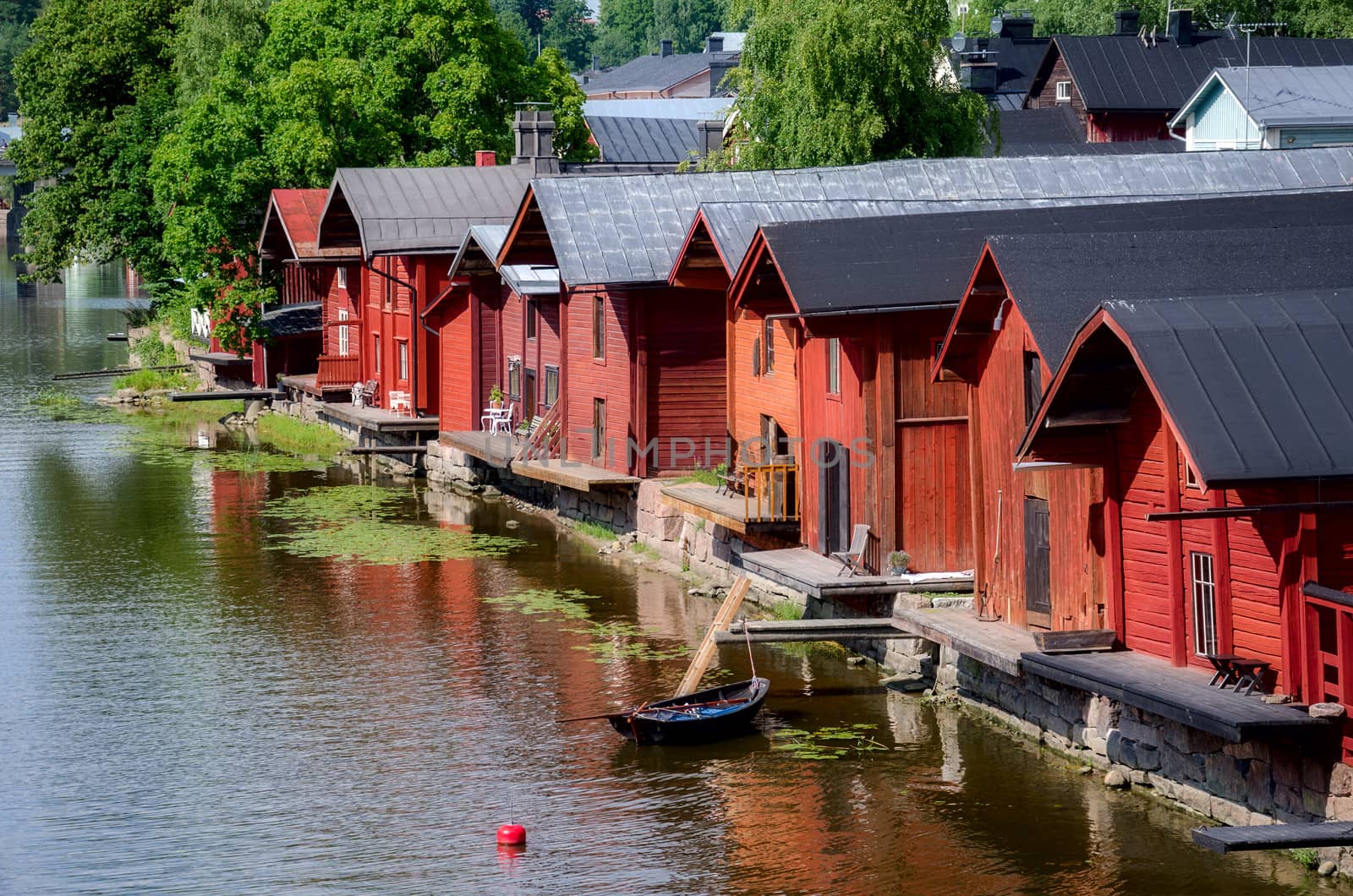 Porvoo, Finland. Old wooden red houses on the riverside