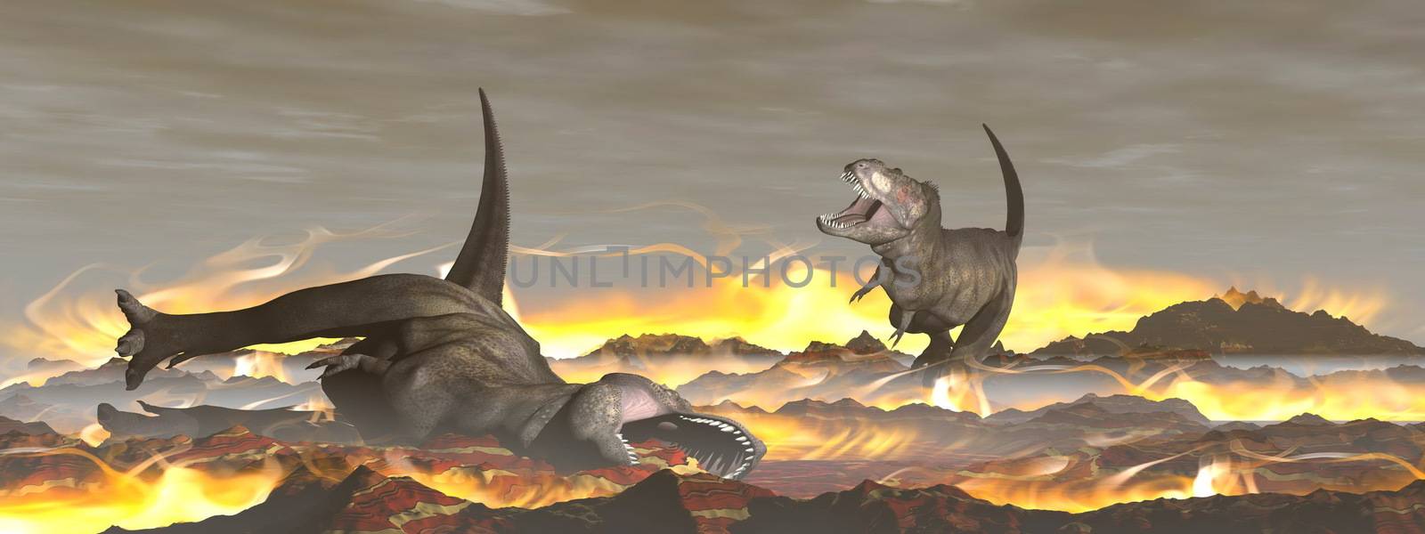 Tyrannosaurus dinosaurs escaping or dying because of heat and fire due to a big meteorite crash