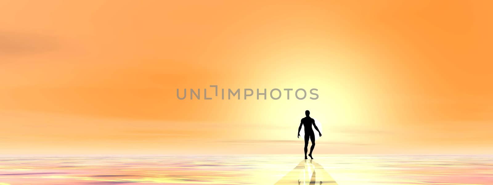 Small silhouette of a man walking to the yellow light in orange background
