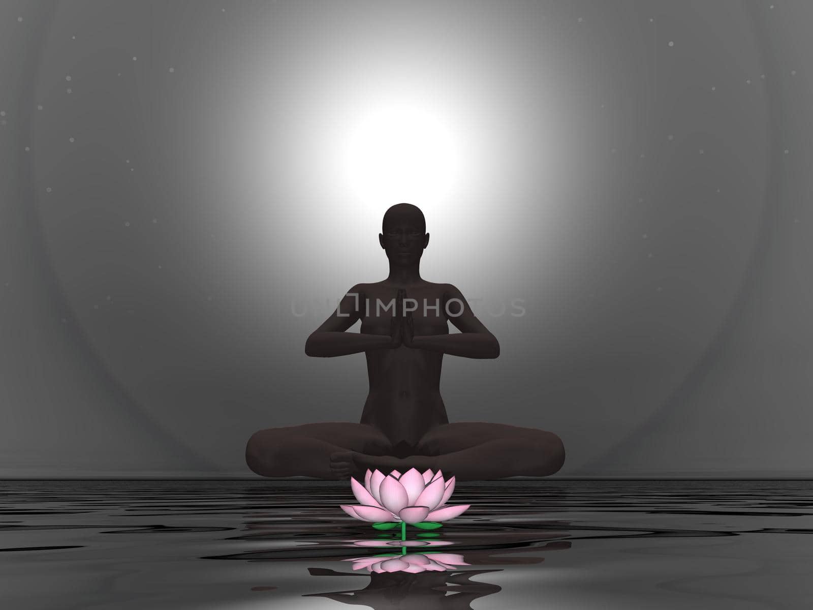 Beautiful pink water lily and silhouette of a man meditating in dark background