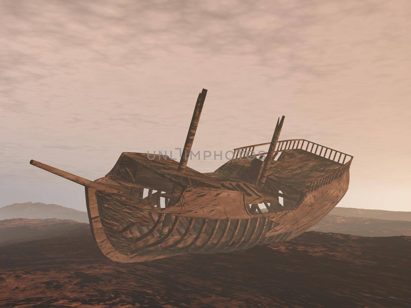 Wreck old boat on the sand - 3D render by Elenaphotos21