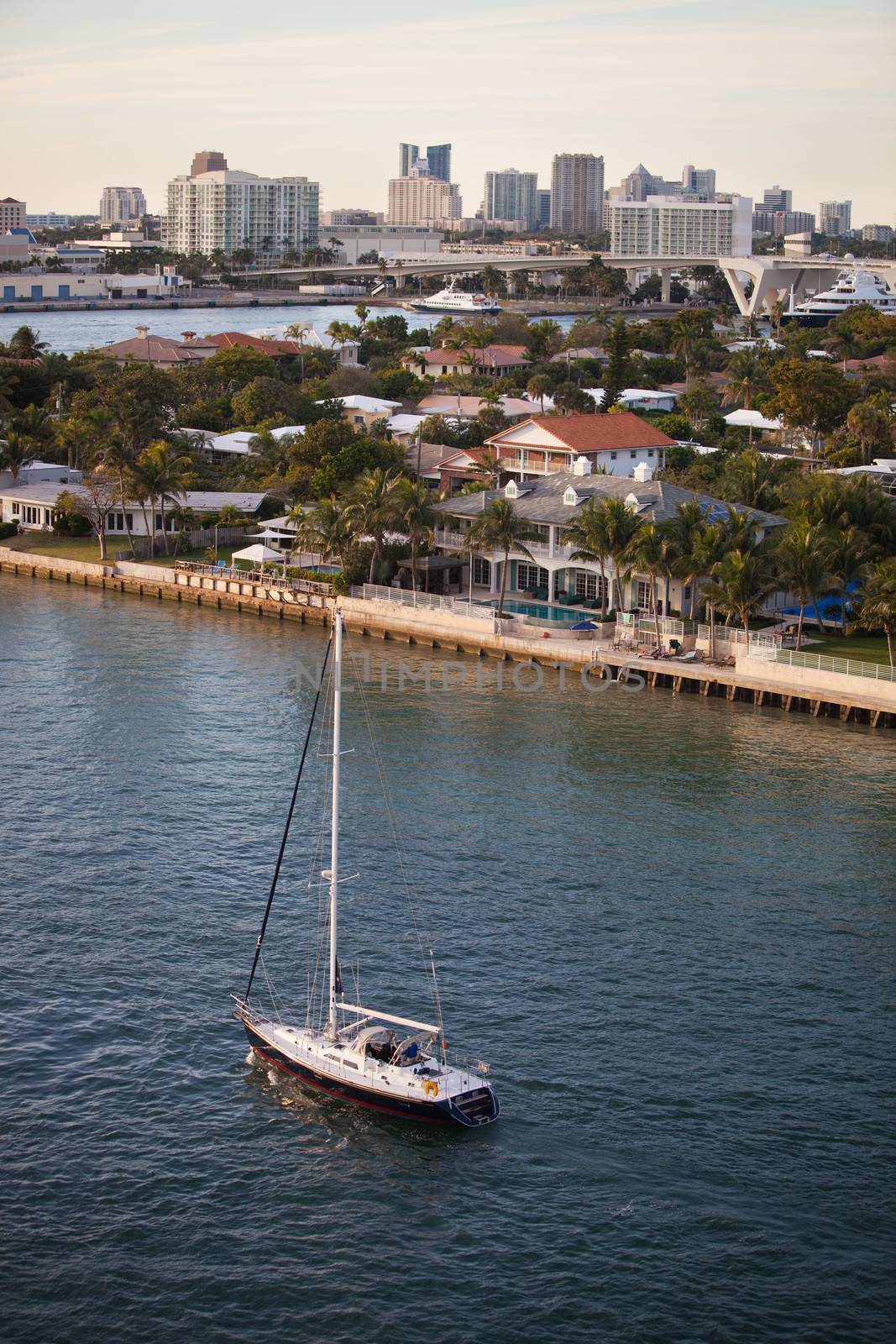 Fort Lauderdale Homes and Skyline with Sailboat by Creatista