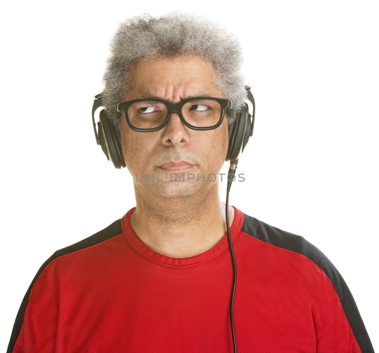 Bothered Black DJ with headphones on isolated background