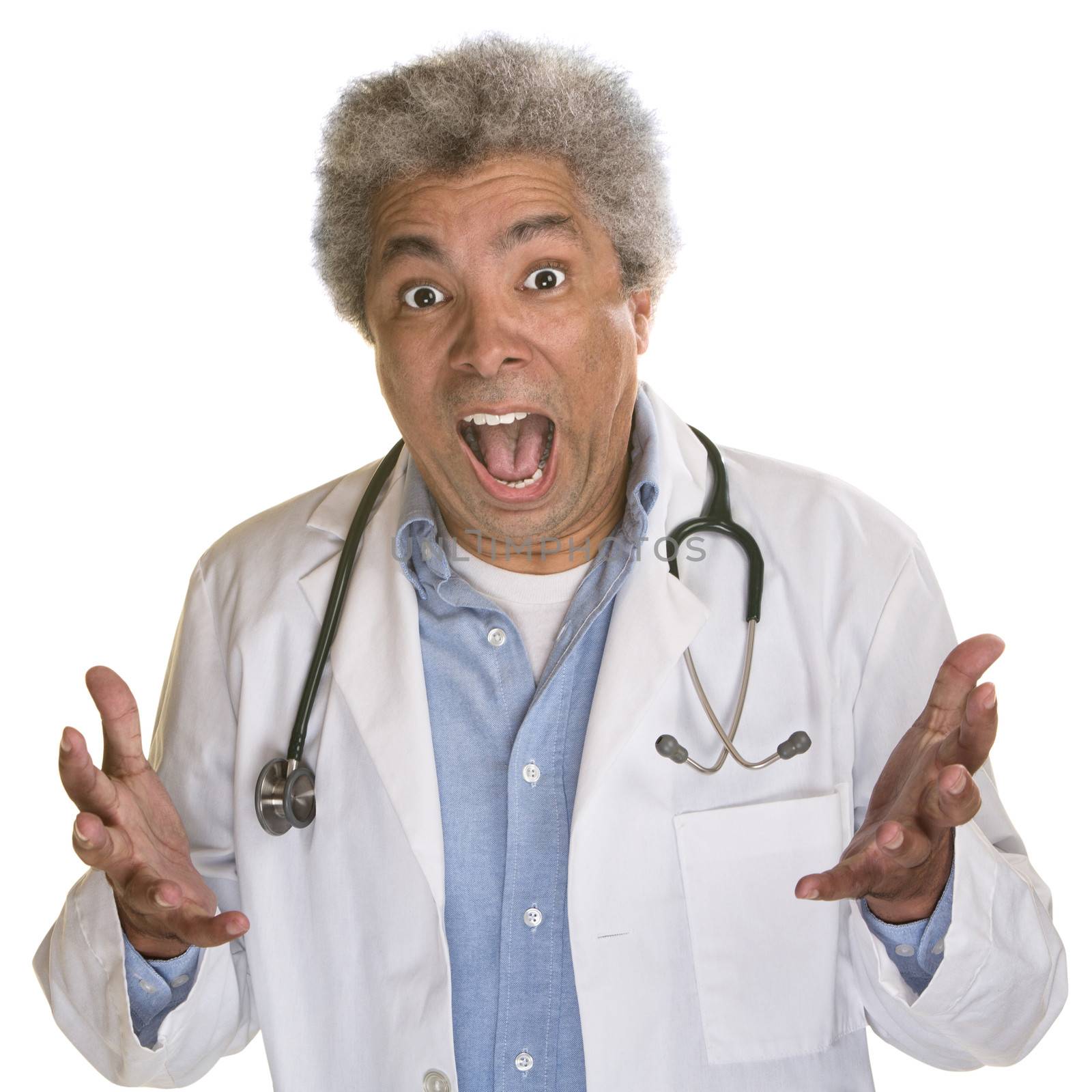 Screaming medical doctor with hands out on white background