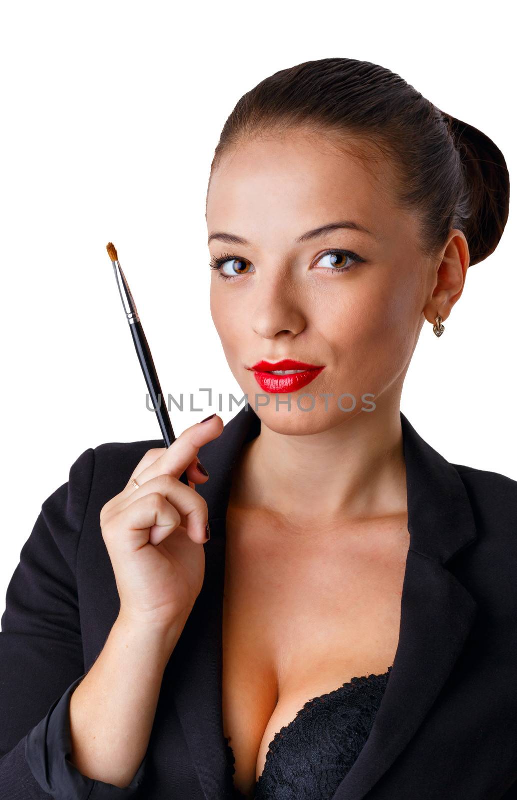 Girl with a brush for makeup isolated on white background