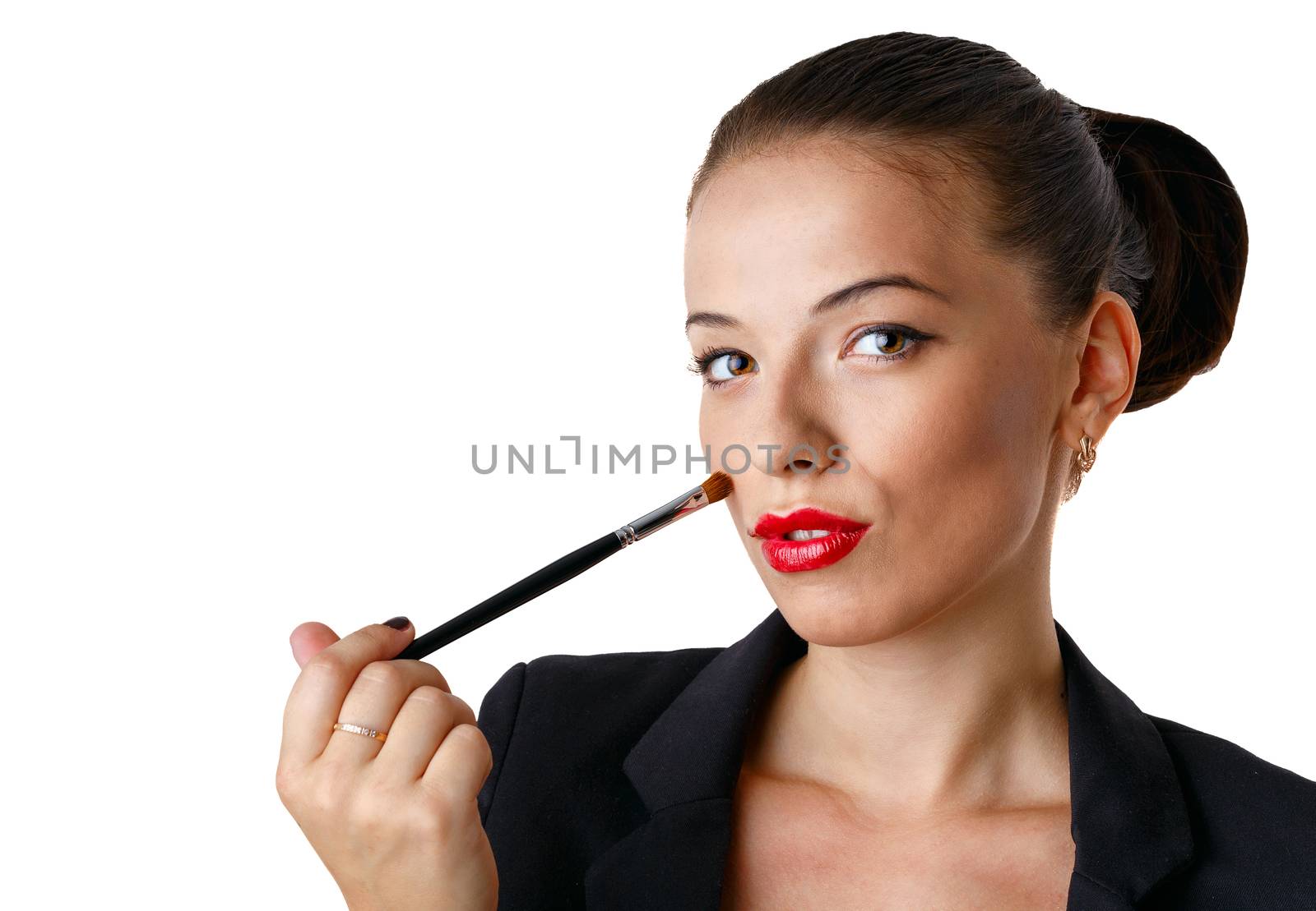 Girl with a brush for makeup isolated on white background