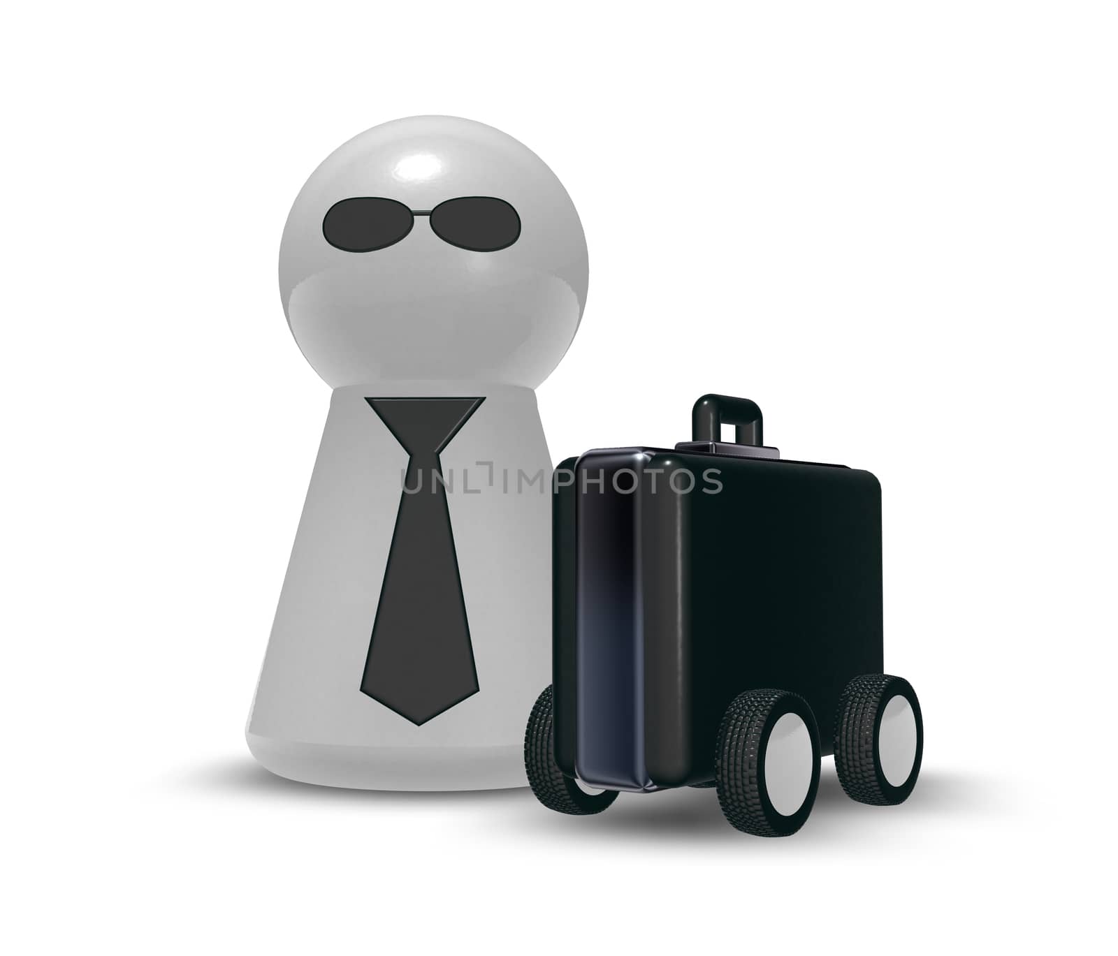 case on wheels and play figure with tie - 3d illustration