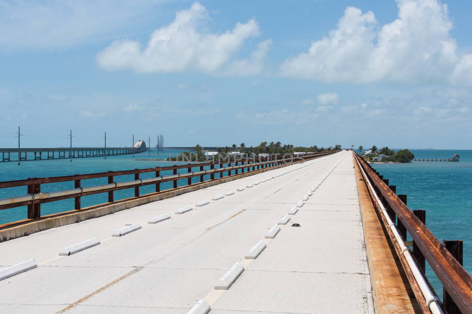 This bridge was built by Henry Flagler as part of the Overseas Railroad to Key West. In the 1935 Labor Day Hurricane the railroad suffered much damage. This bridge was taken over by the state of Florida and converted to part of the Overseas Highway. It has since been replaced by a modern bridge and a 2.2 mile section is now used by walkers and bicyclists for exercise and to get to Pigeon Key. In the photo you can see the old railroad rails are used as handrails.