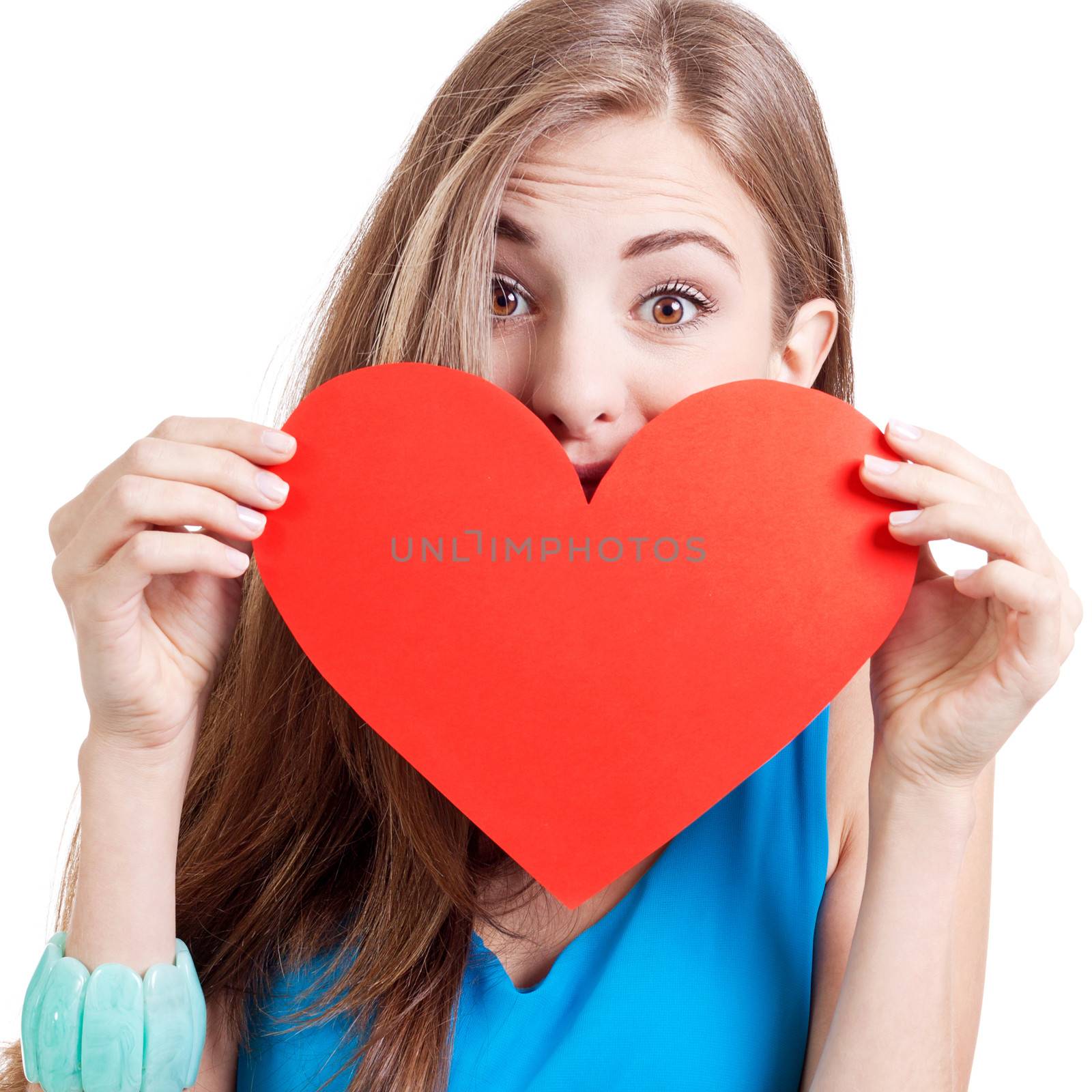 smiling young woman and red heart card copyspace valentines day love isolated