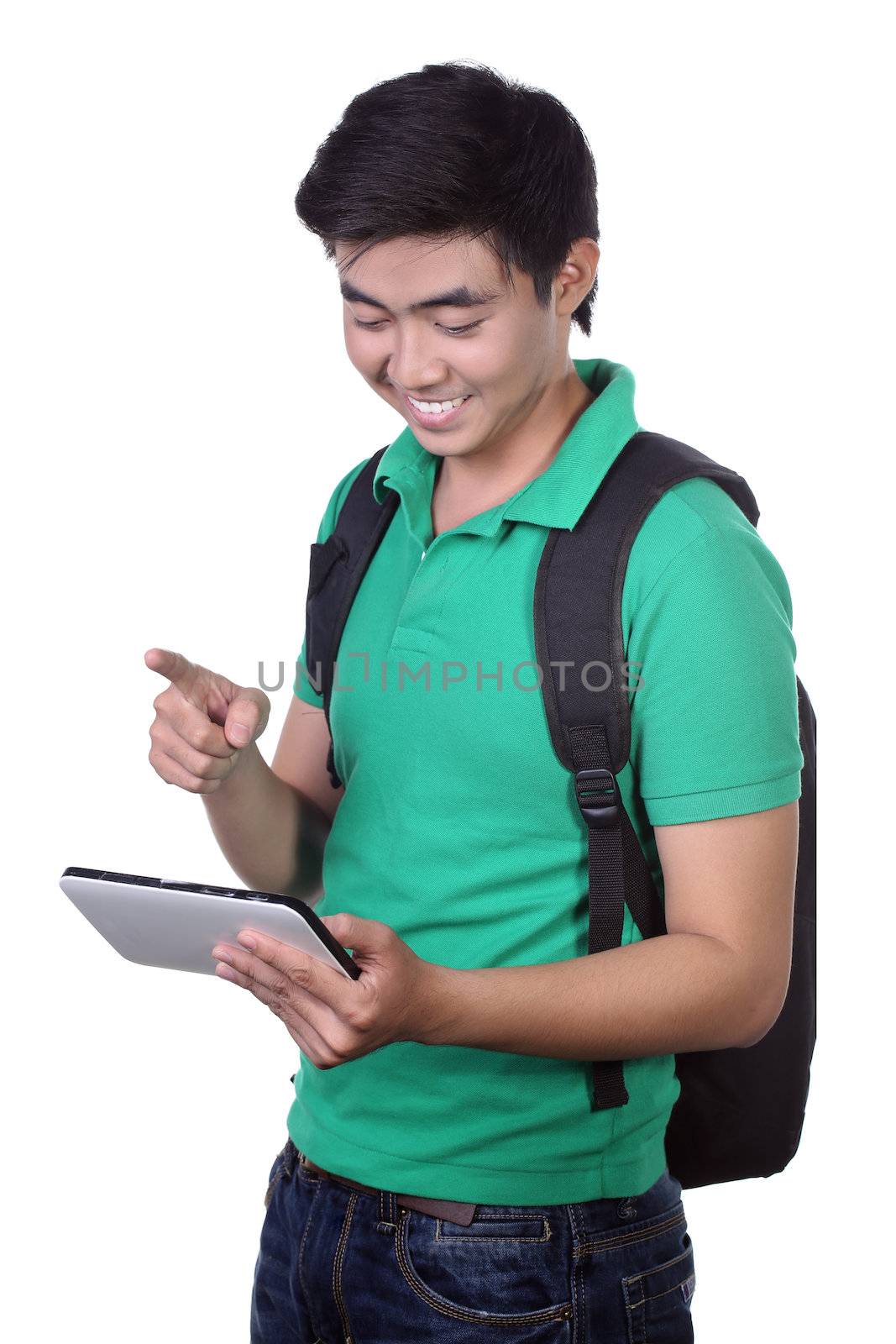 Asian man holding a digital touch screen tablet computer on white background. by frexifaces