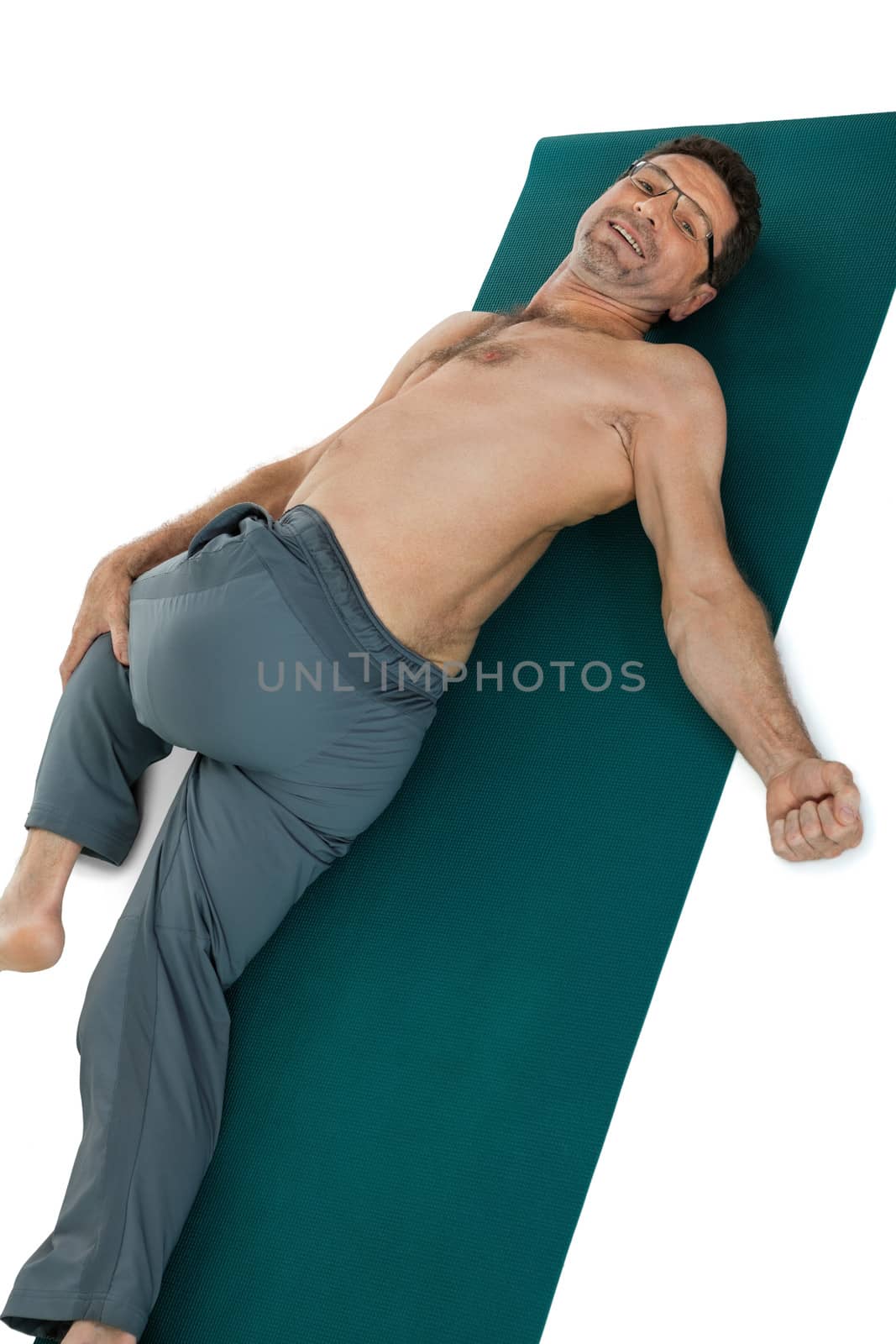 adult smiling man doing workout sport fitness pilates health care  isolated on white