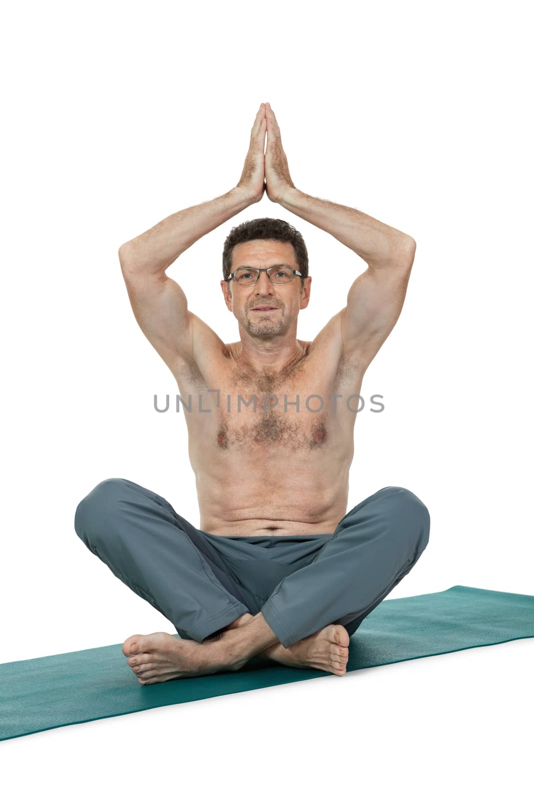 adult smiling man doing workout sport fitness pilates health care  isolated on white
