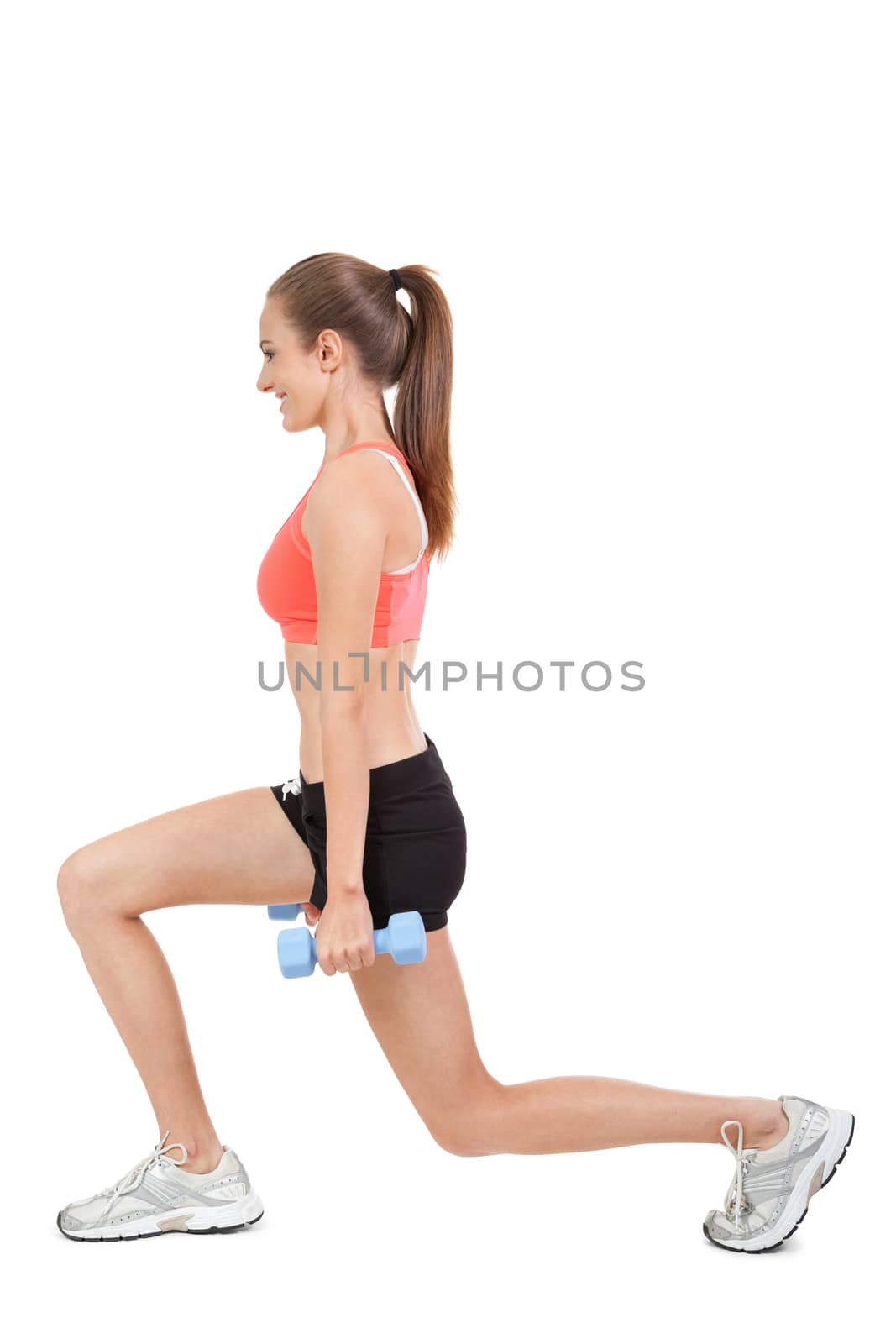 young attractive woman stretching legs after jogging isolated on white