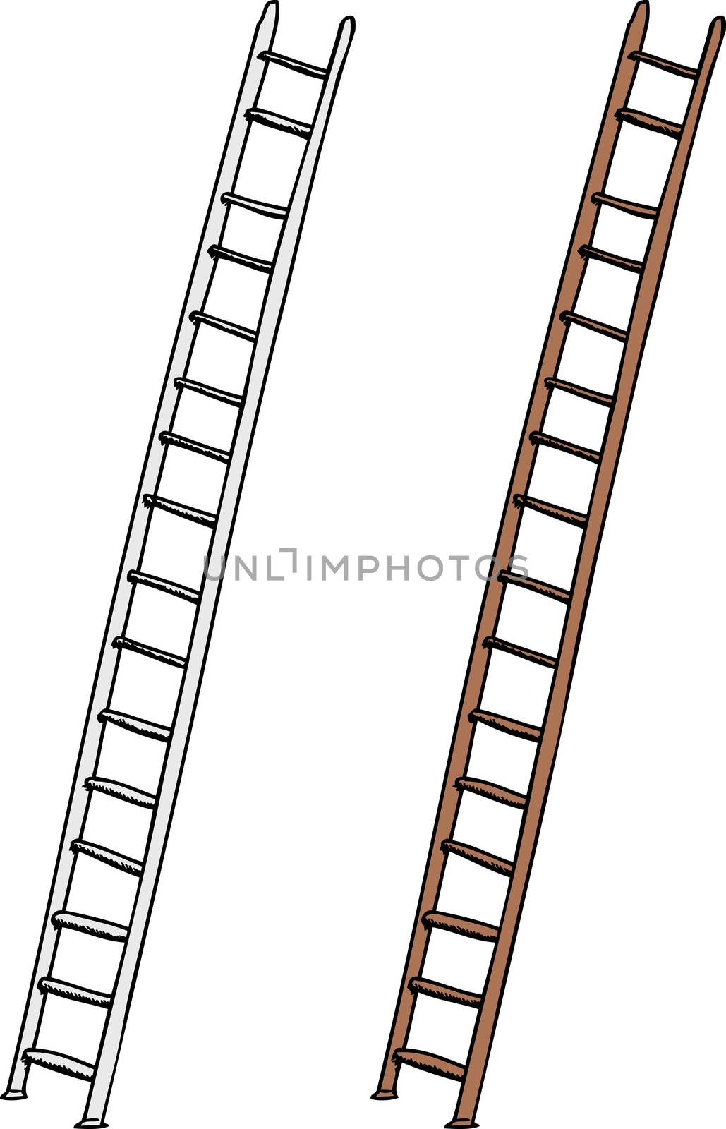 Aluminum and wooden ladders on isolated white background