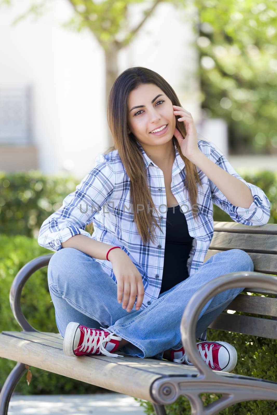 Mixed Race Female Student Portrait on School Campus Bench by Feverpitched