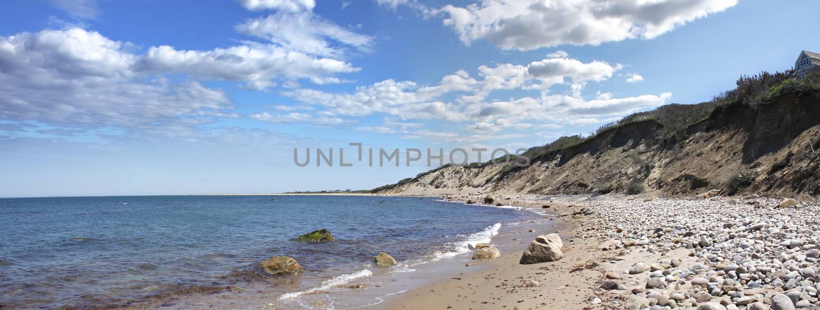 View of the dunes and coast Block Island located in the state of Rhode Island USA.