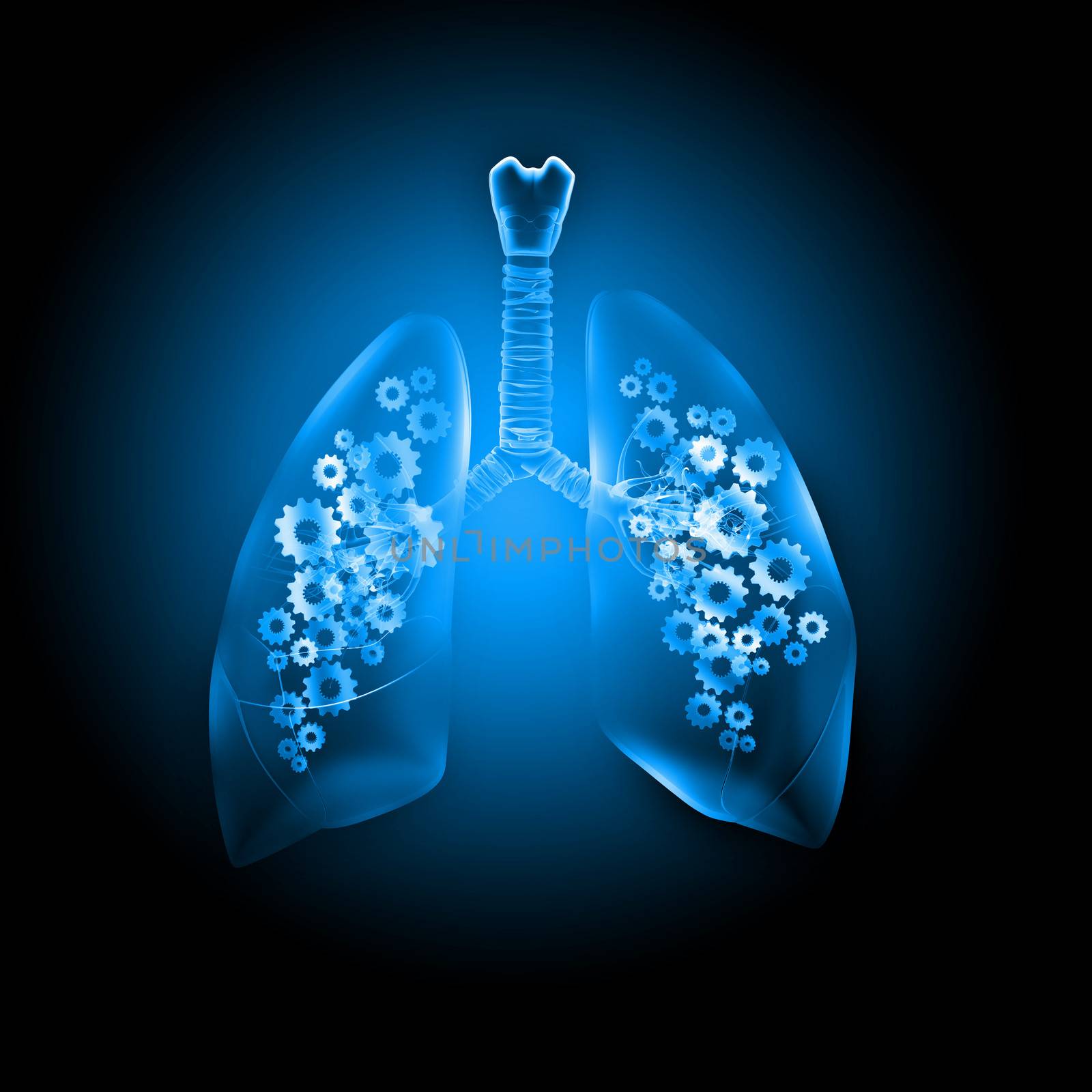 Illustration of human lungs with cog wheel mechanisms