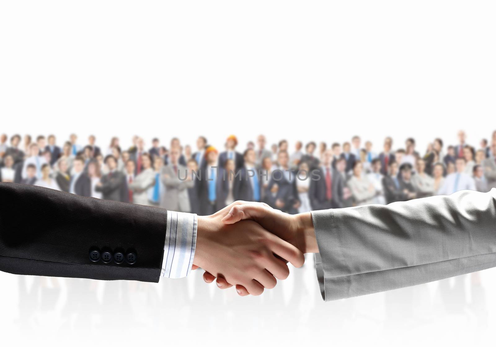 Handshake of business people with people at background