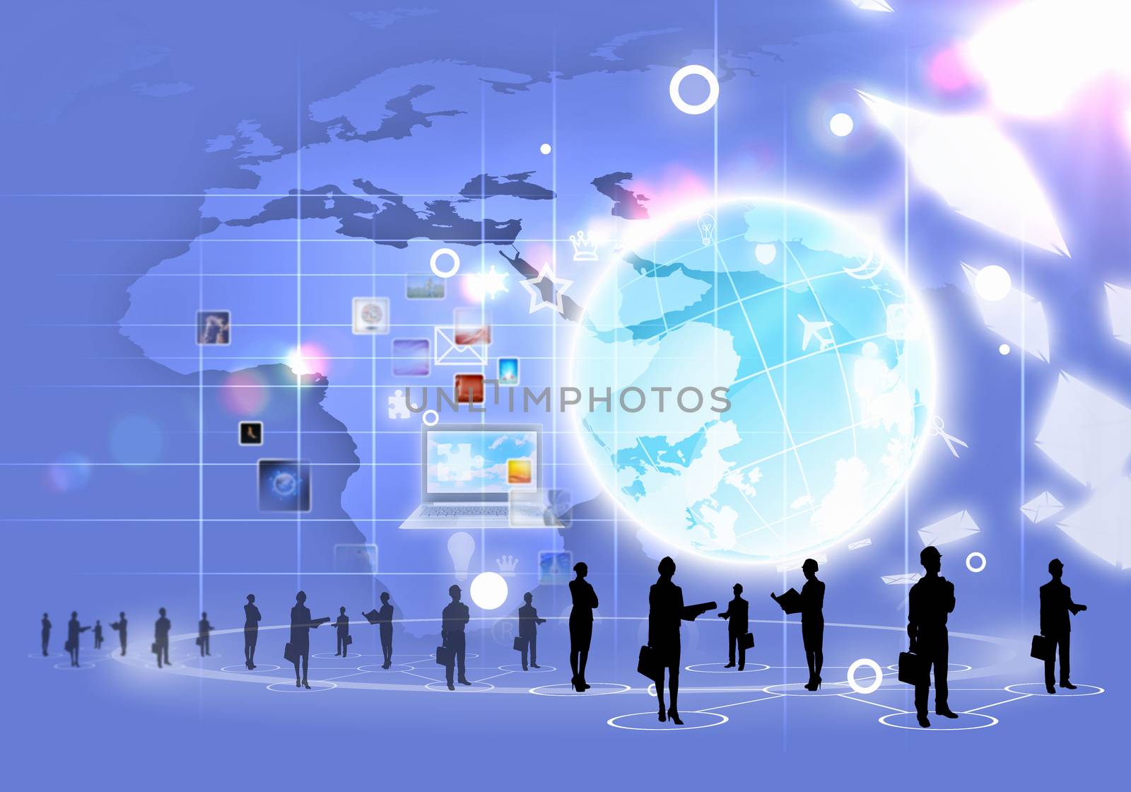 Business people silhouettes against blue media background with icons