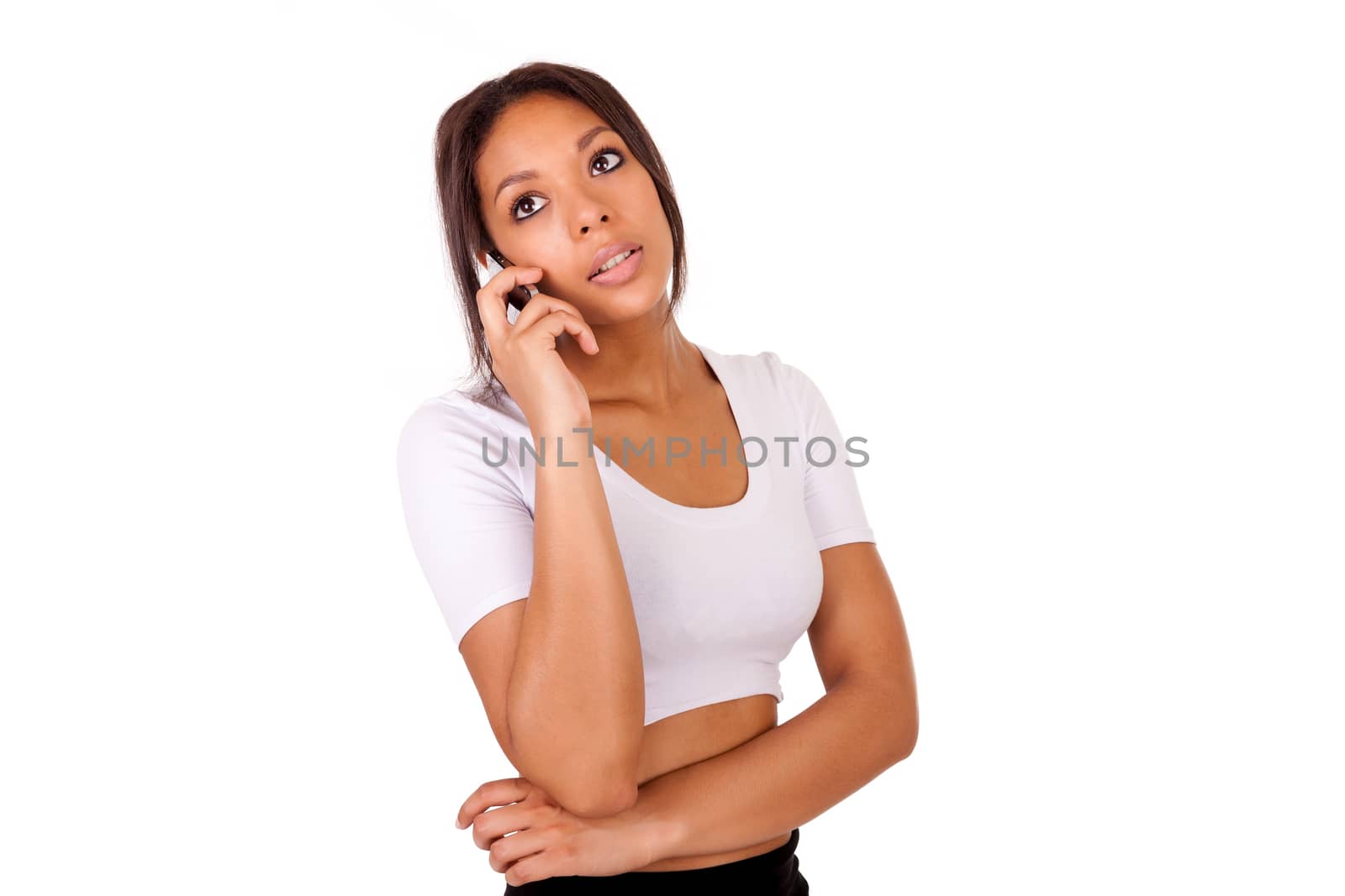 Portrait Of Young Girl african Talking On phone  isolated