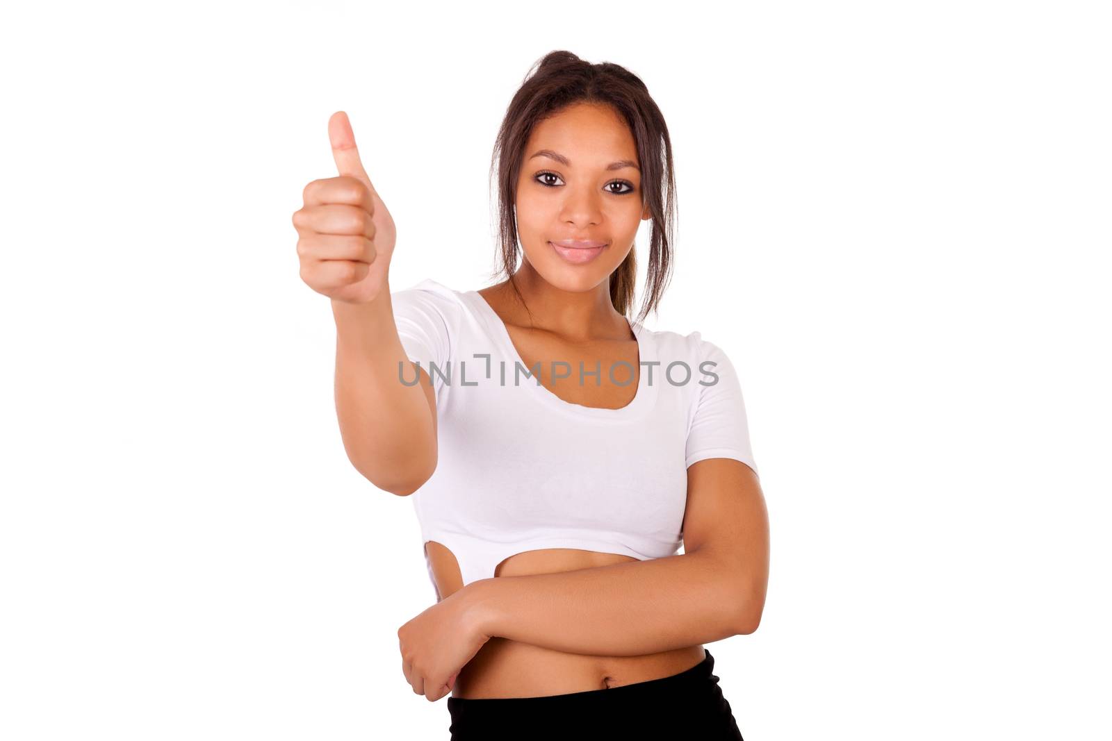 Portrait Of Young Woman Showing Thumb up sign isolated