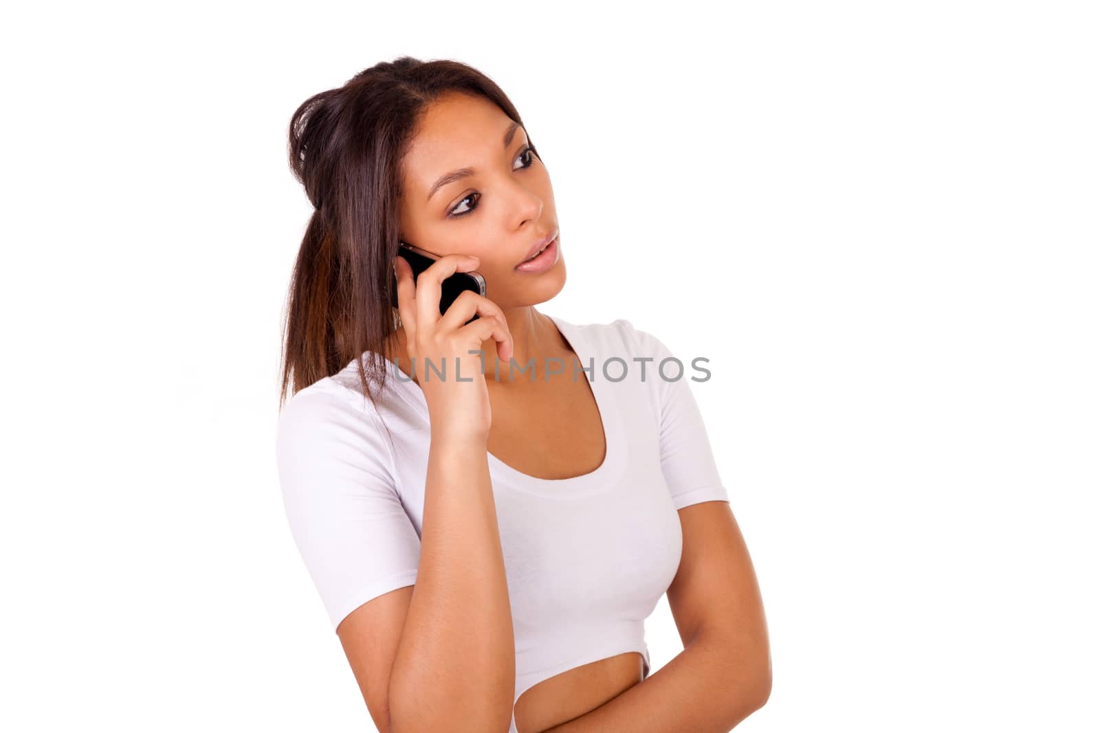 Portrait Of Young Girl african Talking On phone  isolated