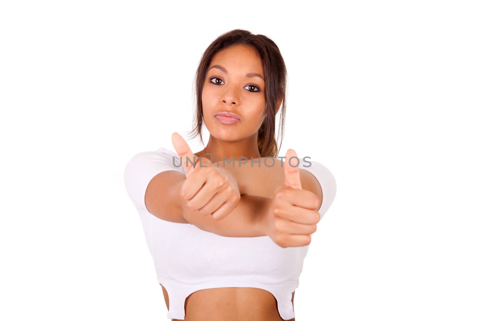 Portrait Of Young Woman Showing Thumb up sign isolated