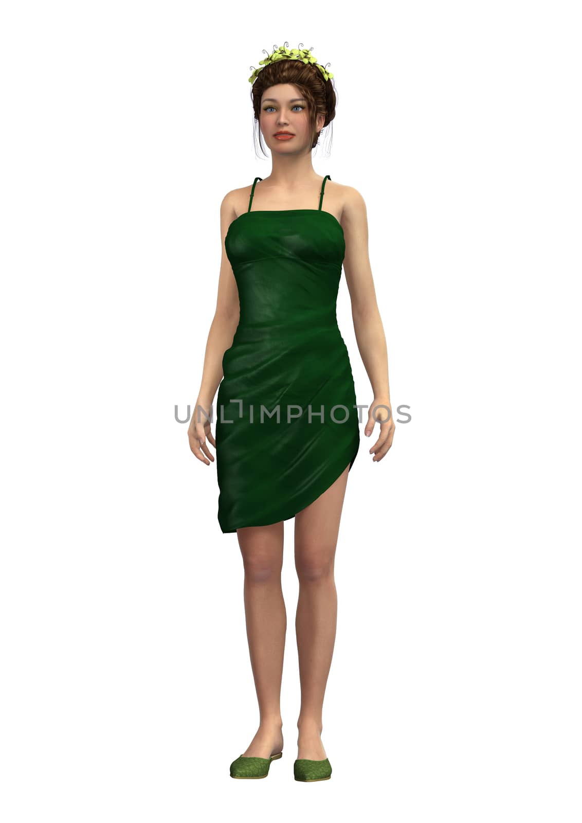 3D digital render of a beautiful young woman in a party dress isolated on white background