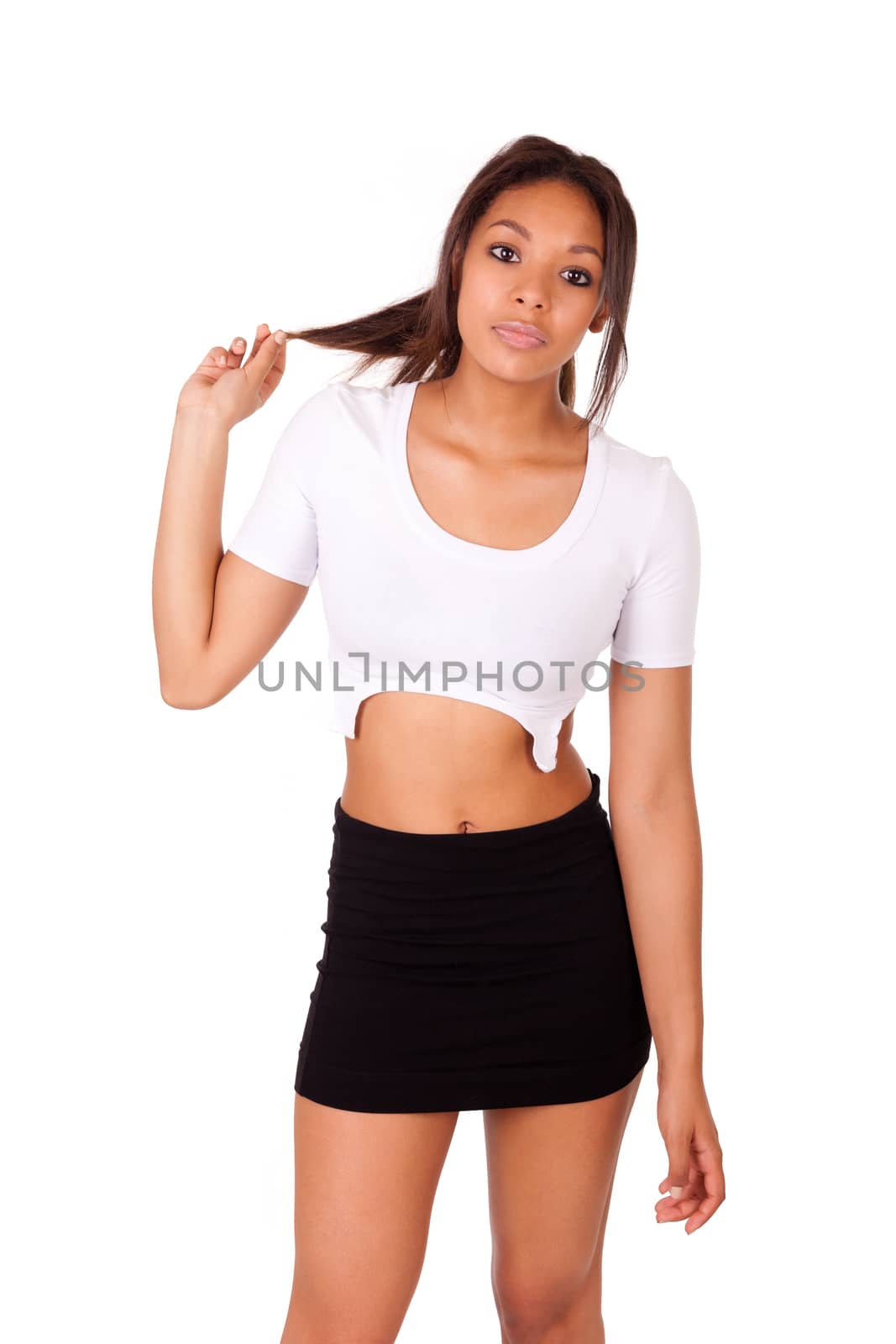 Portrait of beautiful African American woman posing isolated over white background