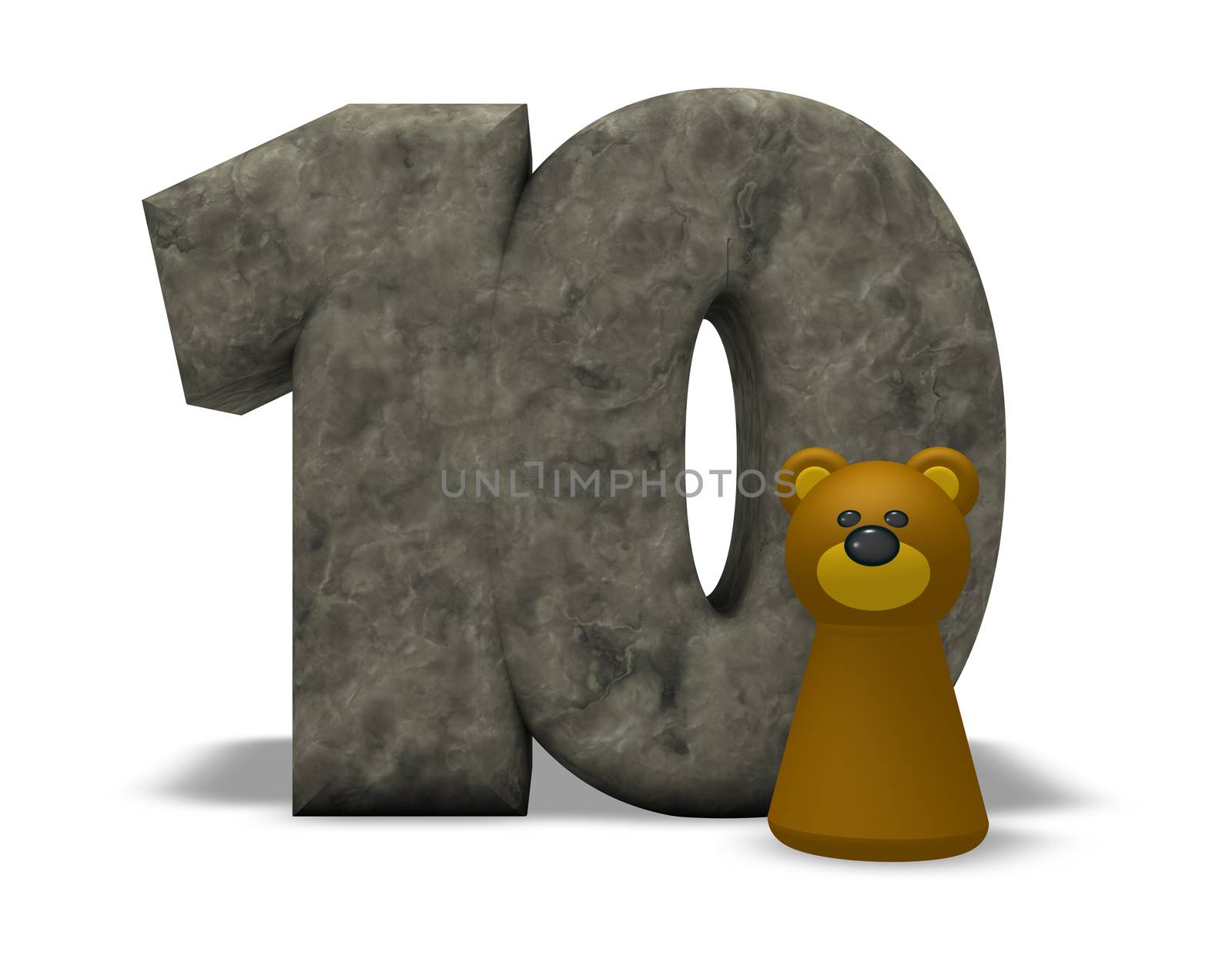 stone number ten and brown bear - 3d illustration