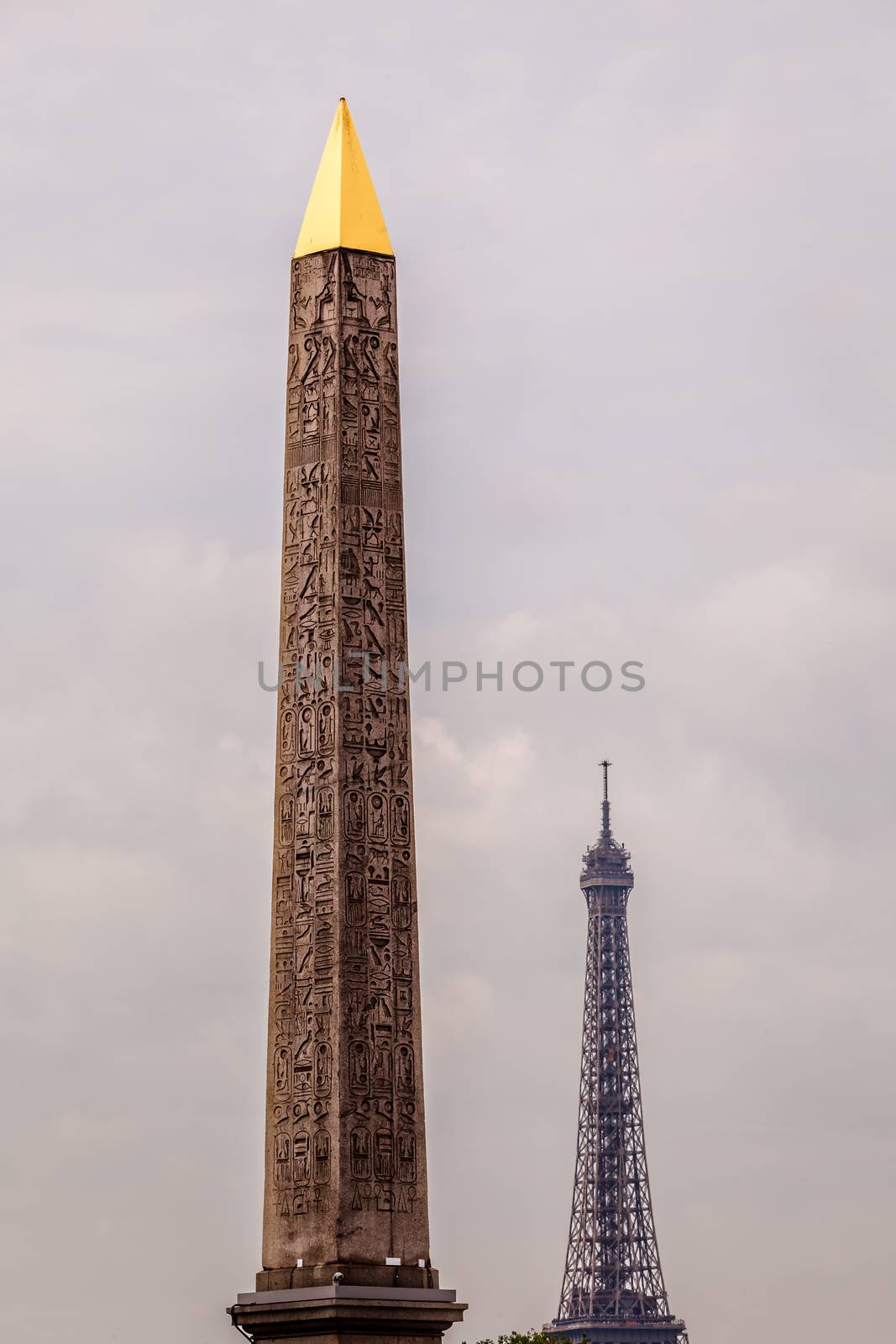 Egyptian Obelisk of Luxor and Eiffel Tower, View from the Place de la Concorde in Paris, France