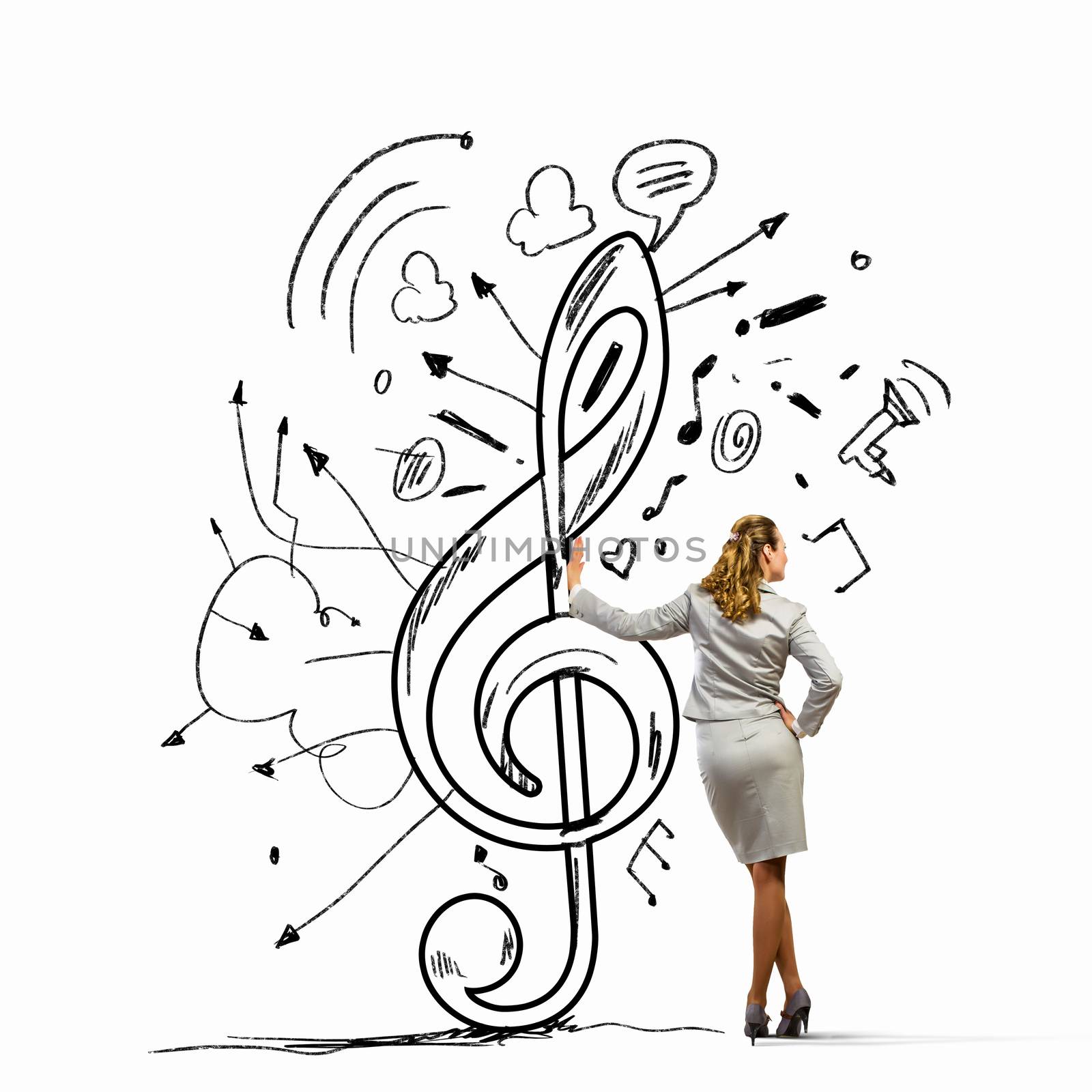 Image of woman standing with back leaning on clef