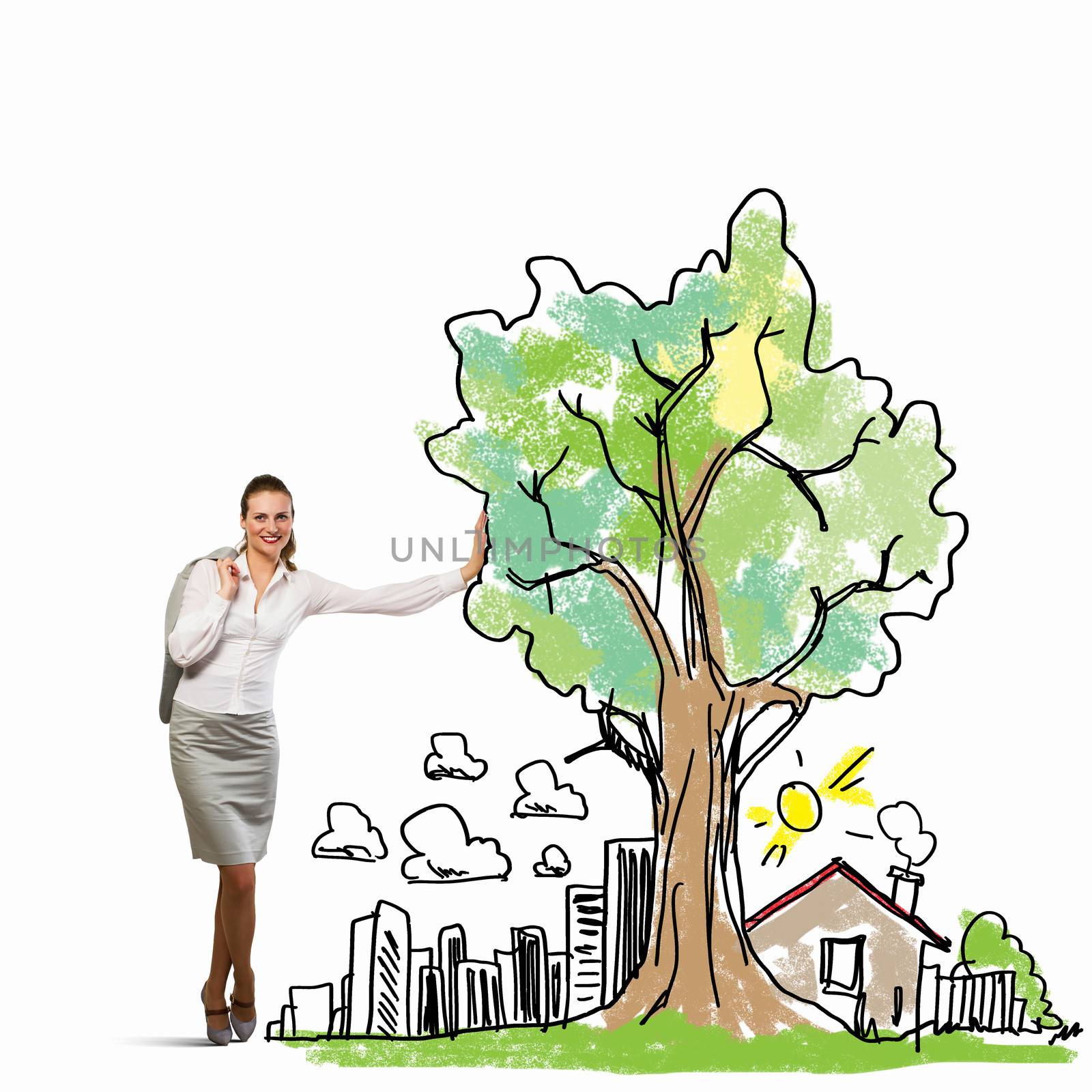Image of businesswoman leaning on illustration. Construction concept