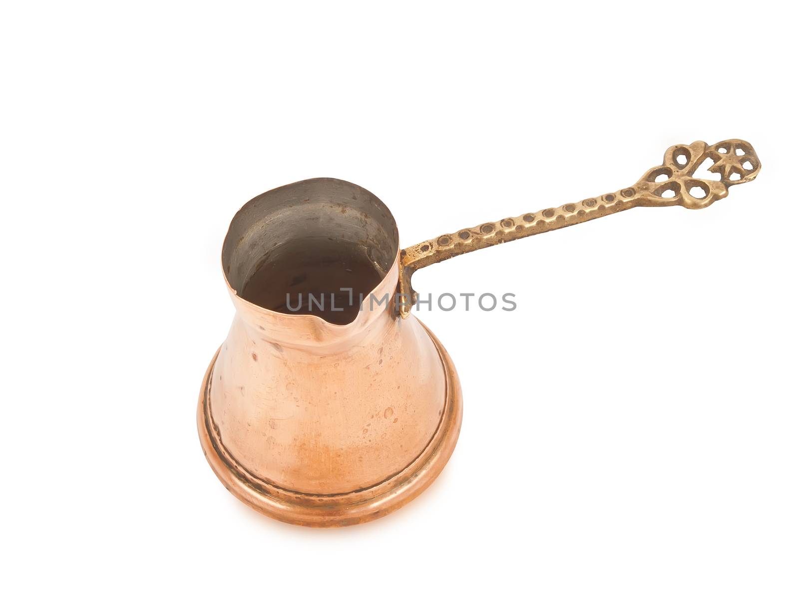 used copper coffee maker isolated on white background