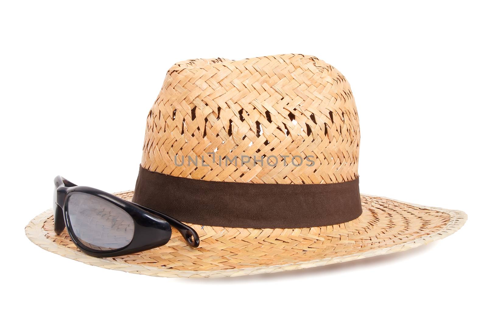 woven hat and sun glasses on white background