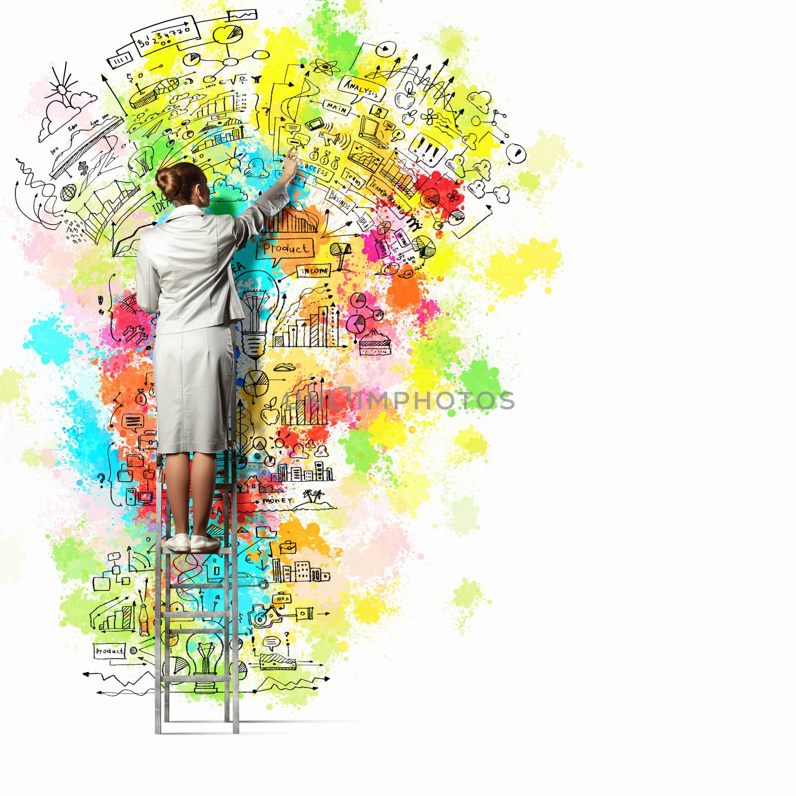 Back view of businesswoman drawing colorful business ideas on wall