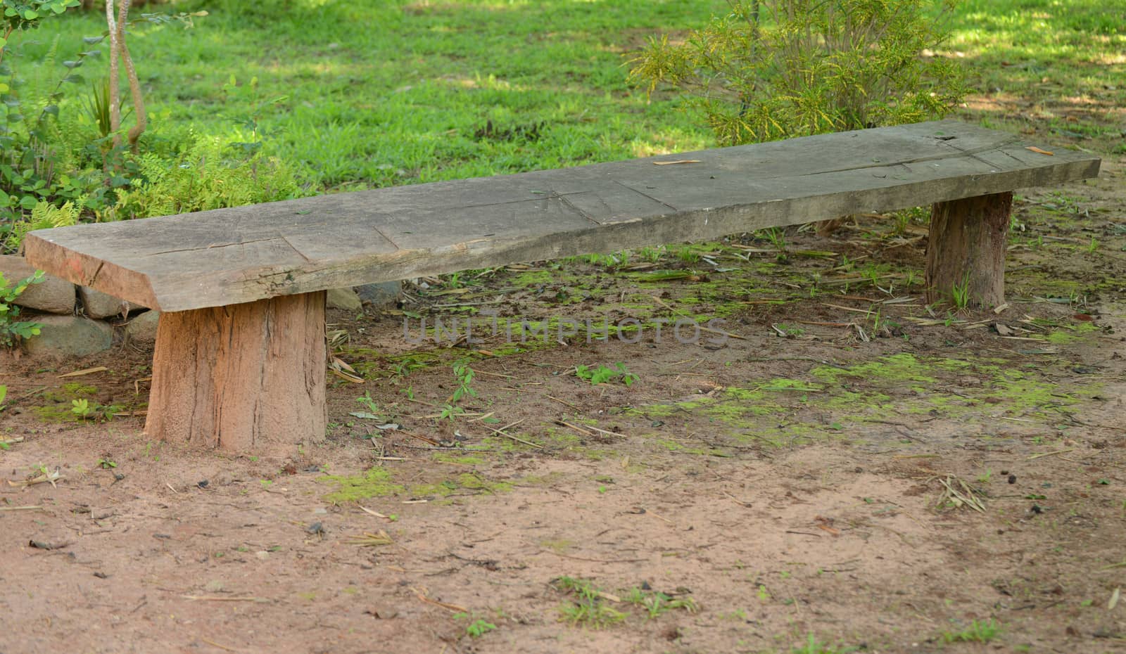 Rustic or distressed bench for a seating area outdoors in the summertime with nobody