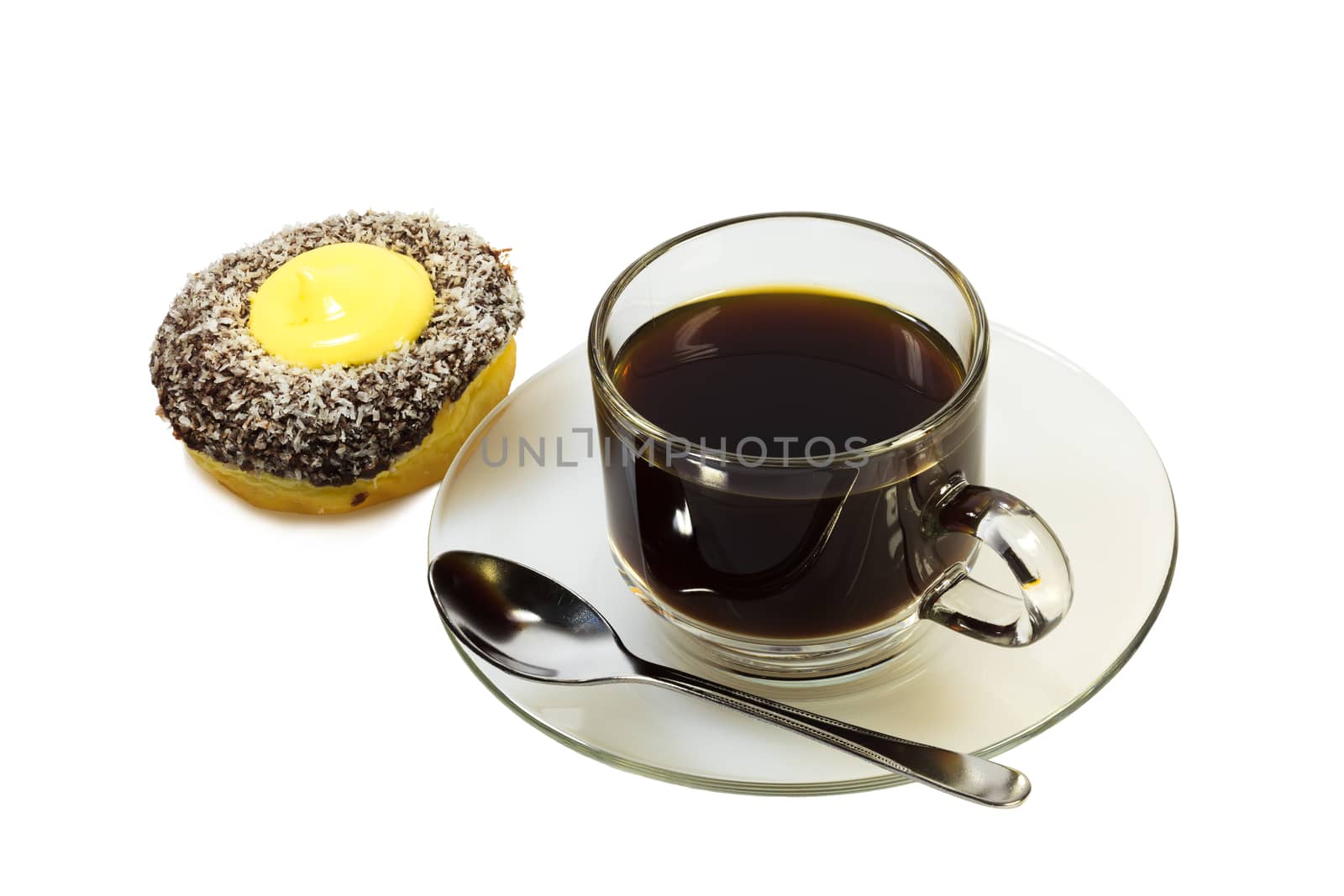 Doughnut and black coffee on white background