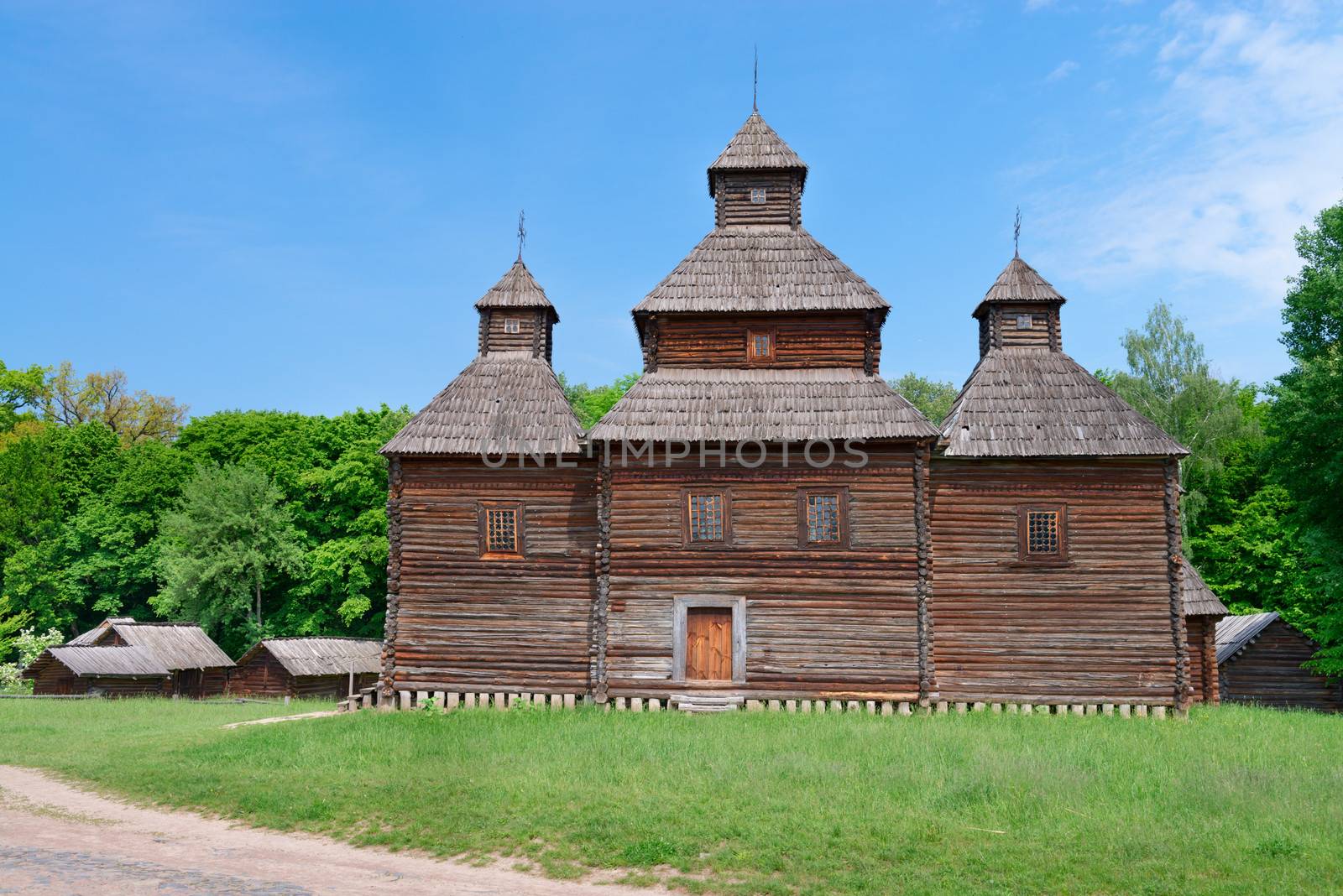 Antique Slavonic wooden church at ethnographic museum Pirogovo, Kiev, Ukraine