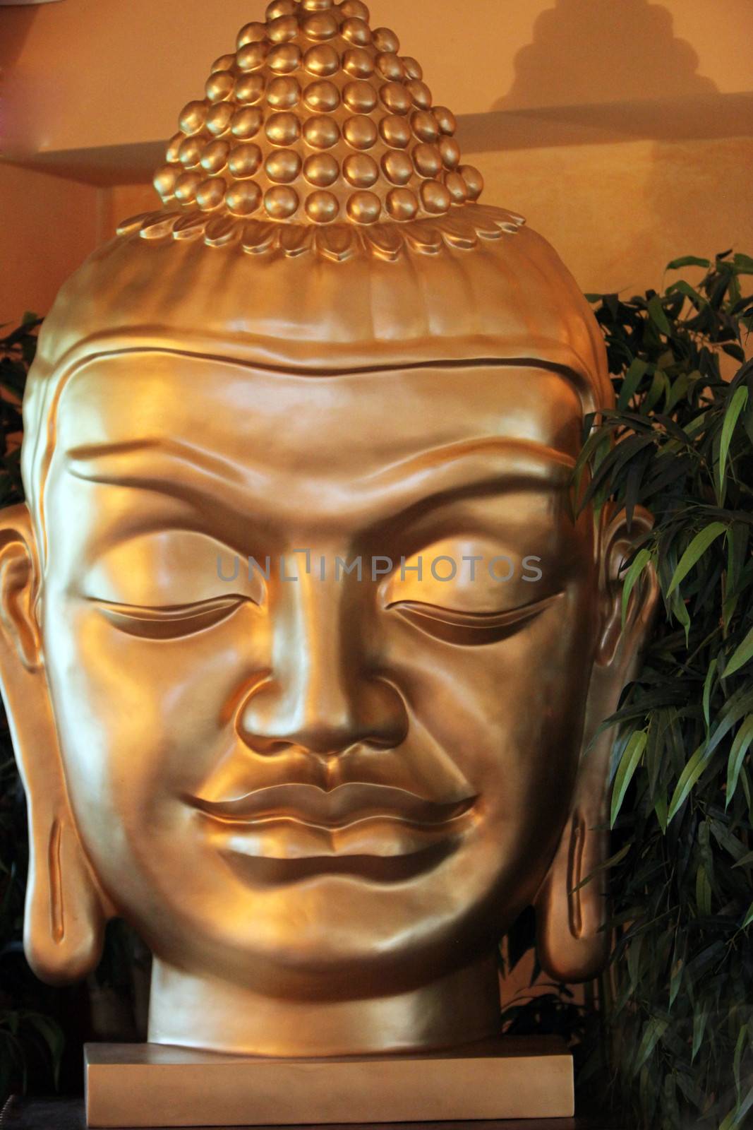 Bronzed face of a Buddha statue with a serene expression and eyes closed in meditation