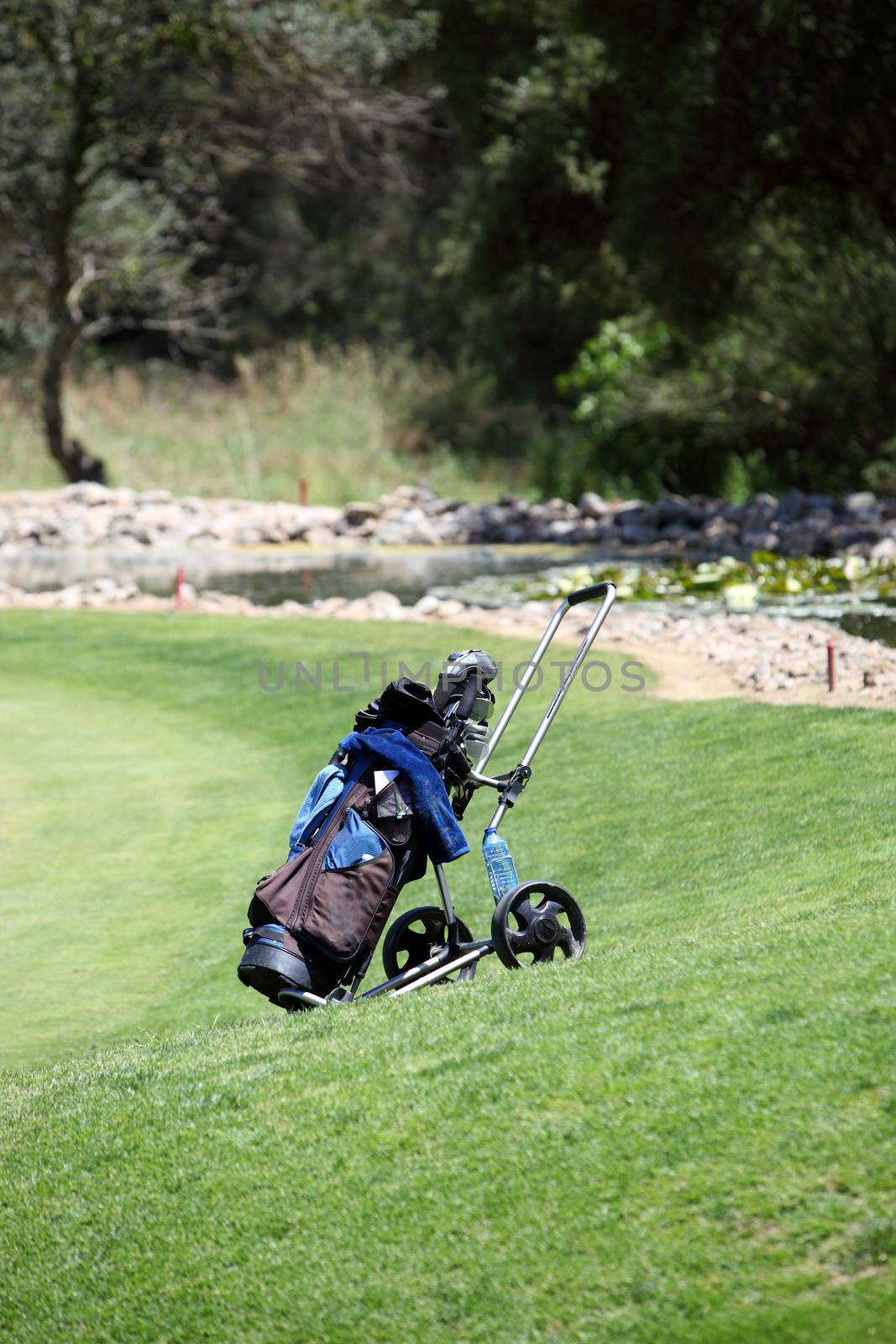 Golf bag and clubs standing on a green on a golf course sttached to a wheeled caddy cart