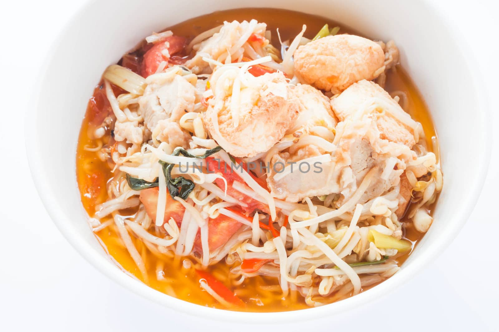 Spicy stir fry bean sprout with tofu on white bowl, stock photo