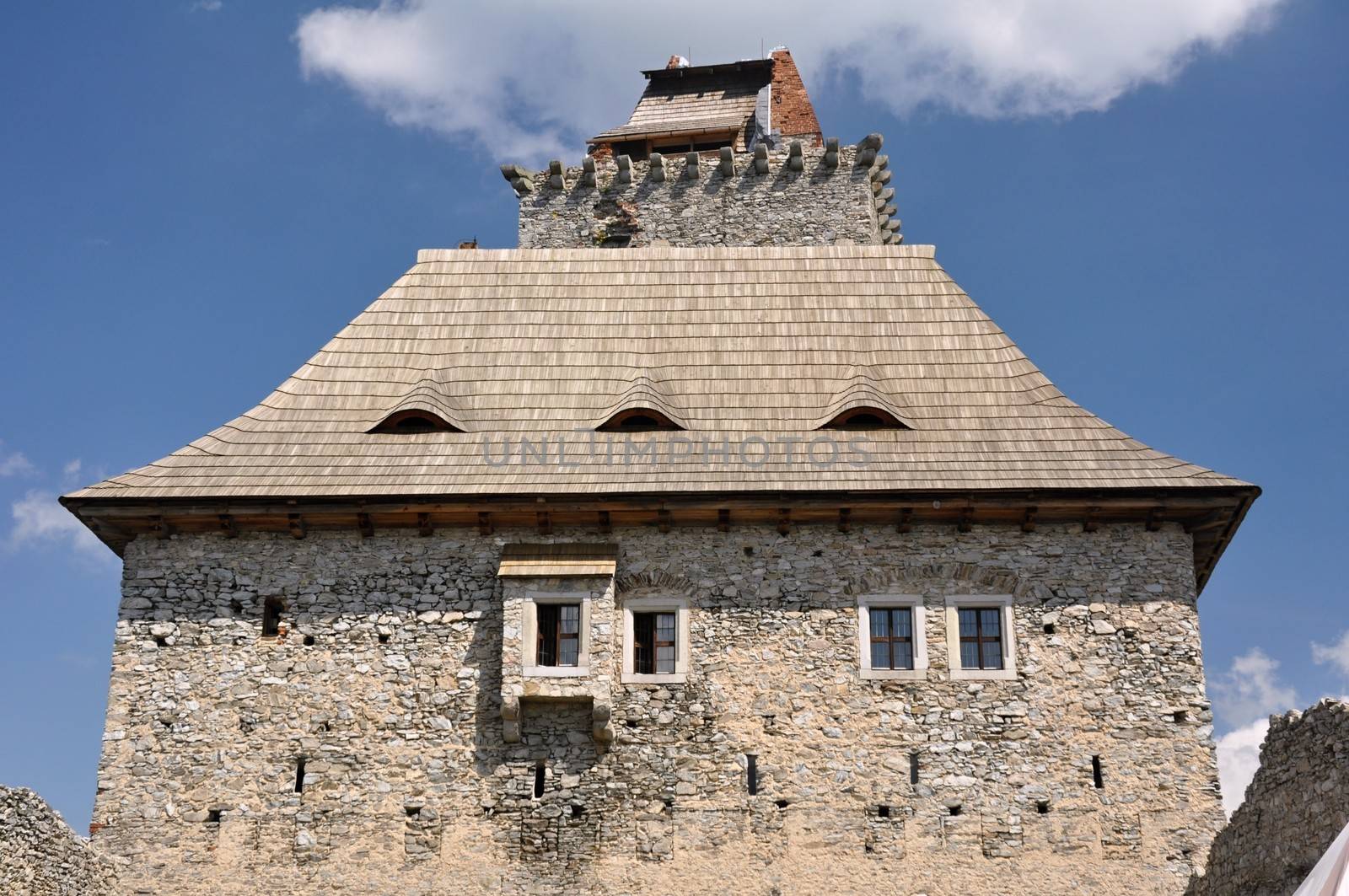 Part of an old castle with a new roof